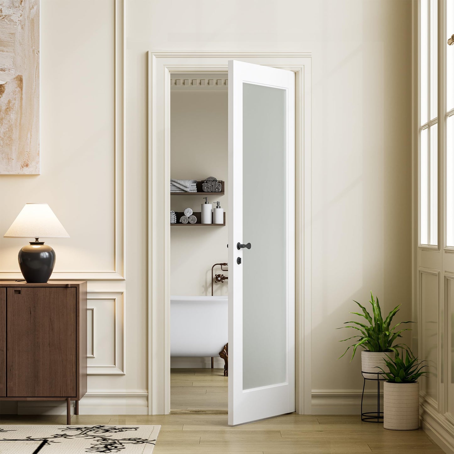 COSHOMER Slab Door Interior for 30" X 80" Opening,Full Lite Tempered Frosted Glass,Solid Core,Pre-Assembled,Premium Baking Paint Finish for Bathroom,Pantry,White,Easy Install, Without Hardware Kit