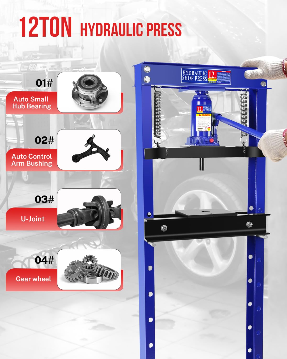 Hydraulic Press, 12 Ton H-Frame Garage Floor Adjustable Shop Press with Stamping Plates to Bend, Straighten, Or Press Parts, Install Bearings & U-Joints