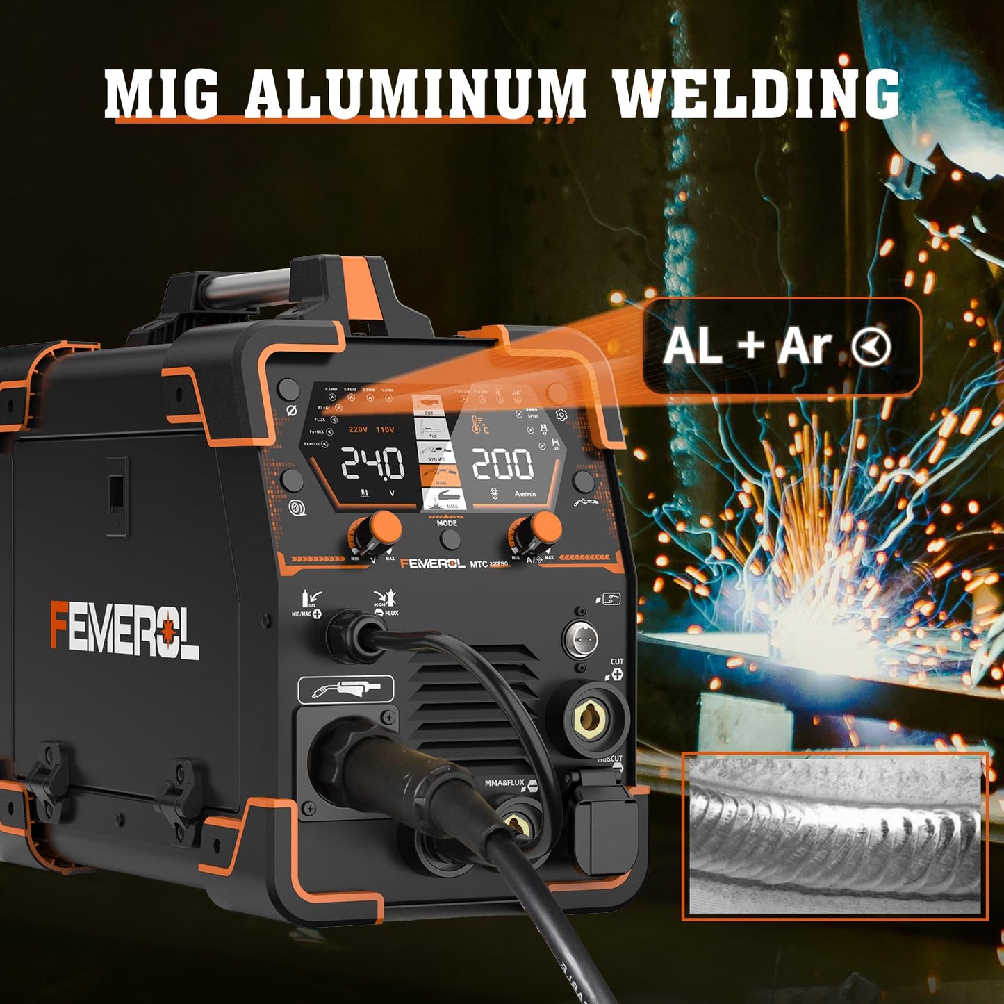 FEMEROL Plasma Cutter Welder Combo 200A Gas MIG/Gasless MIG/HF TIG/Stick/CUT/SPOT 6 in 1 Welding Machine Aluminum Welding 110/220V Dual Voltage Multi Process Welder