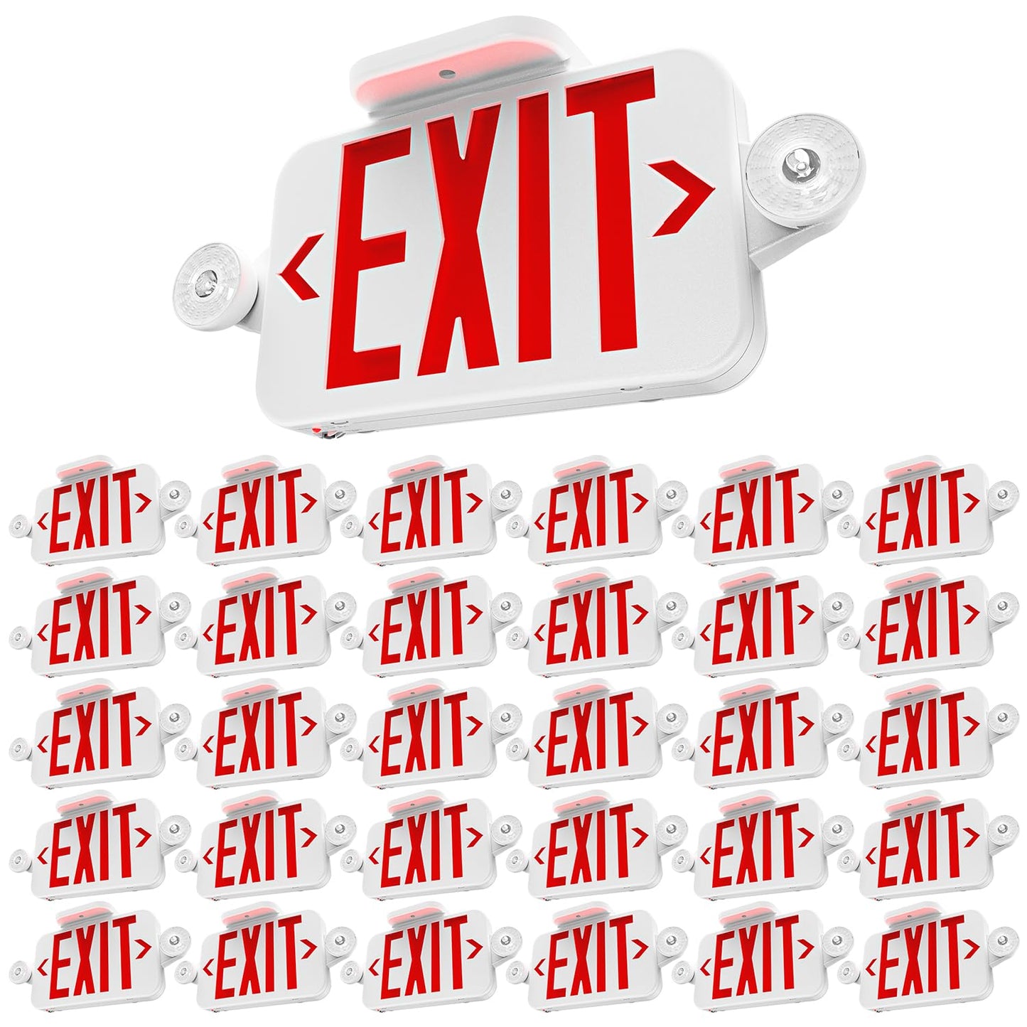 Sunco 30 Pack LED Exit Sign With Emergency Lights, Red, Two Mini Adjustable Lights, 94V-0 Fire Resistant, Backup Battery, 2.3W 6000K Daylight Deluxe, 200 Lumens 120-277V, Wall Or Ceiling Mount UL.