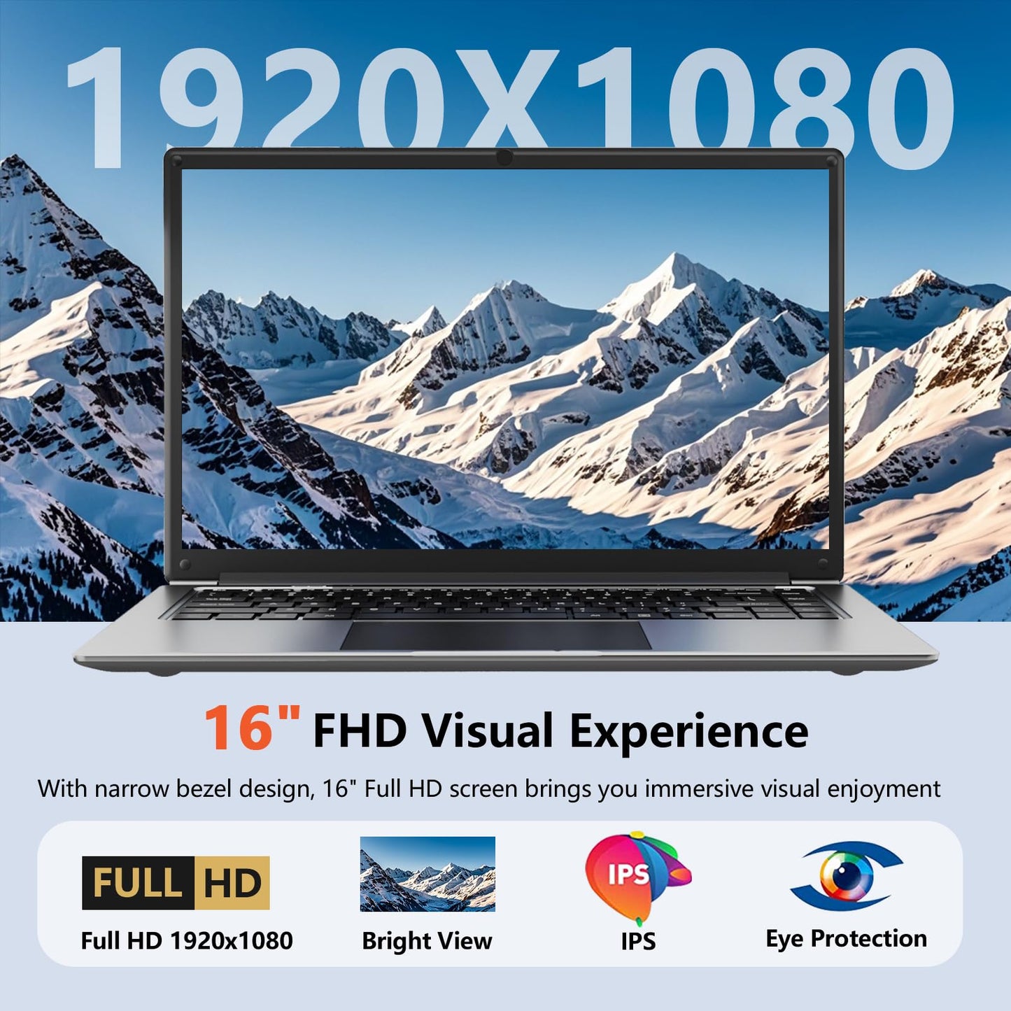 Laptop 16-inch , 8GB DDR 256GB SSD portable laptop computer, expandable to 1TB, Pentium quad-core CPU up to 2.64 GHz, 9000mAh battery, interface, USB3.0 interface, dual-band WiFi, webcam, slim laptops