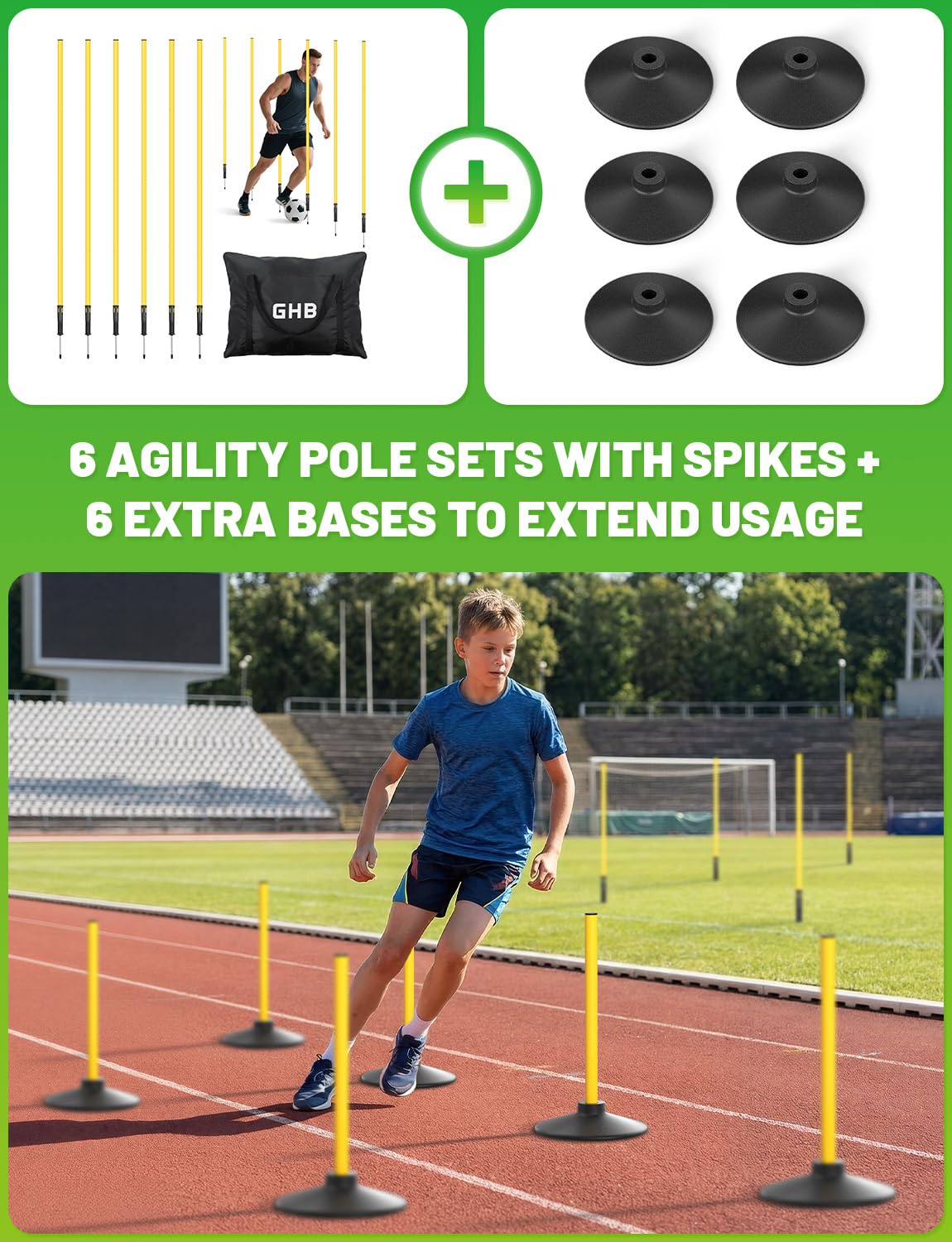 GHB Rubber Base 6 Pack Compatible Agility Poles Sports Soccer Training Extention,Detachable Speed Training Equipment Football Accessories