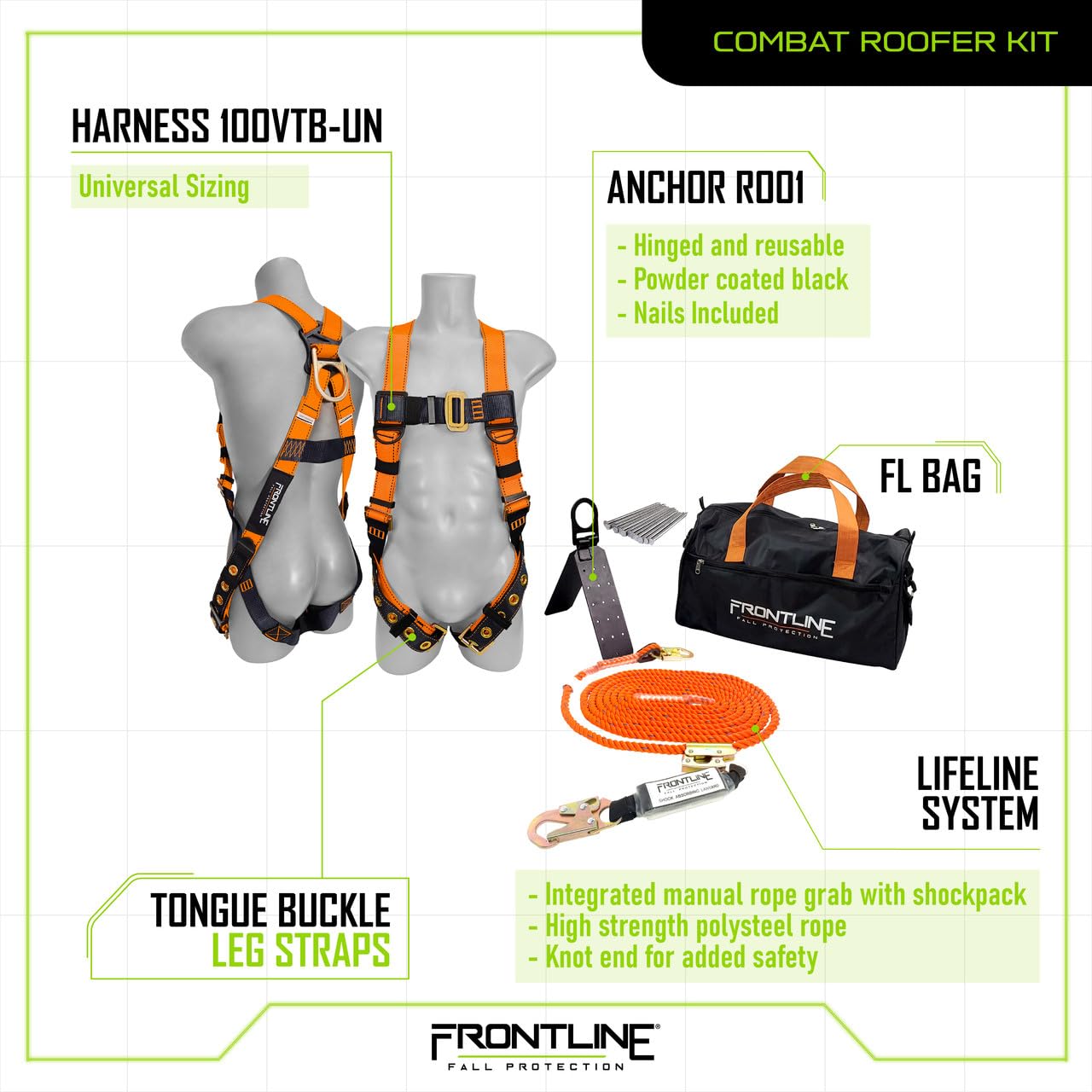 Frontline RKSPTB25 Combat Complete Roofers Kit with 25' Lifeline
