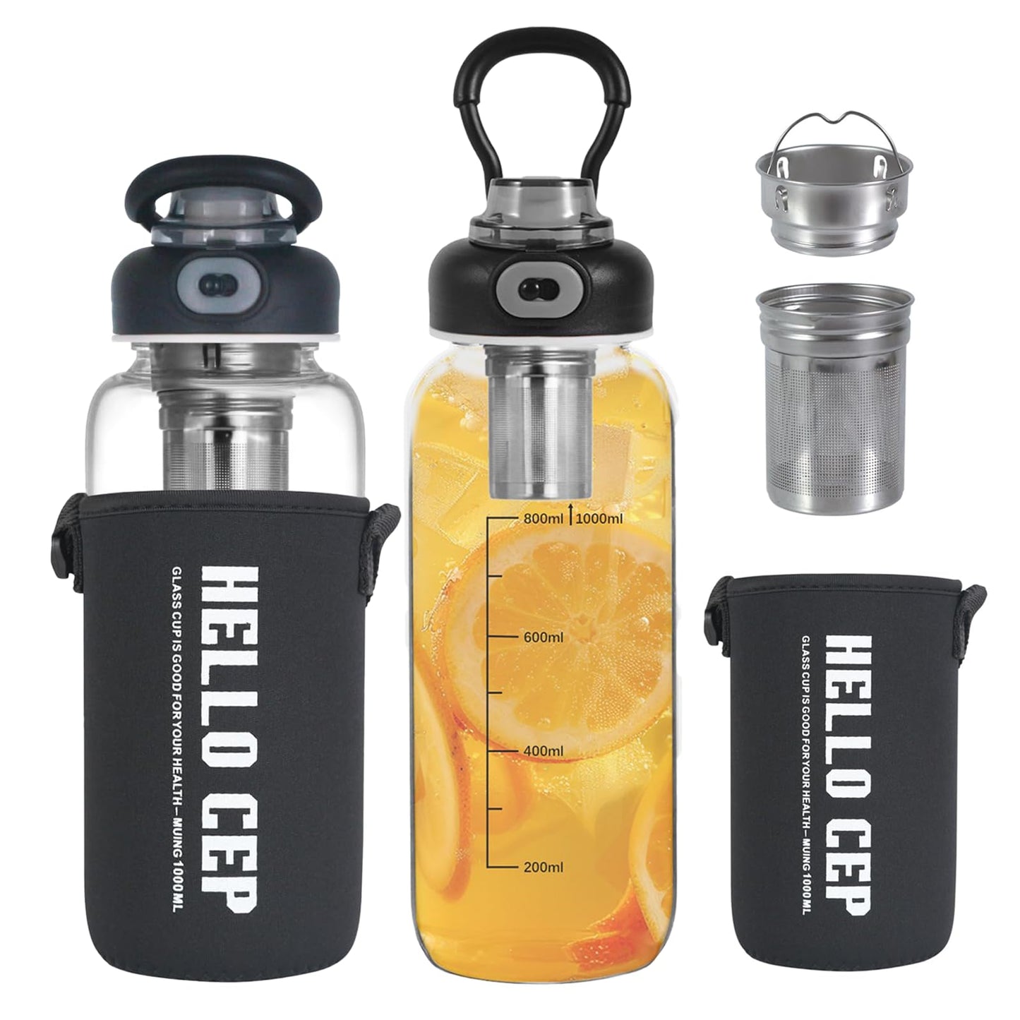 wangsdjy 34oz Glass Water Bottle with capacity Mark & Stainless Steel Tea Strainer-Large Capacity for Hot/Cold Drinks,Coffee,Tea,and Water-Includes Protective Sleeve,Perfect for Home,Office (34oz2PCS)