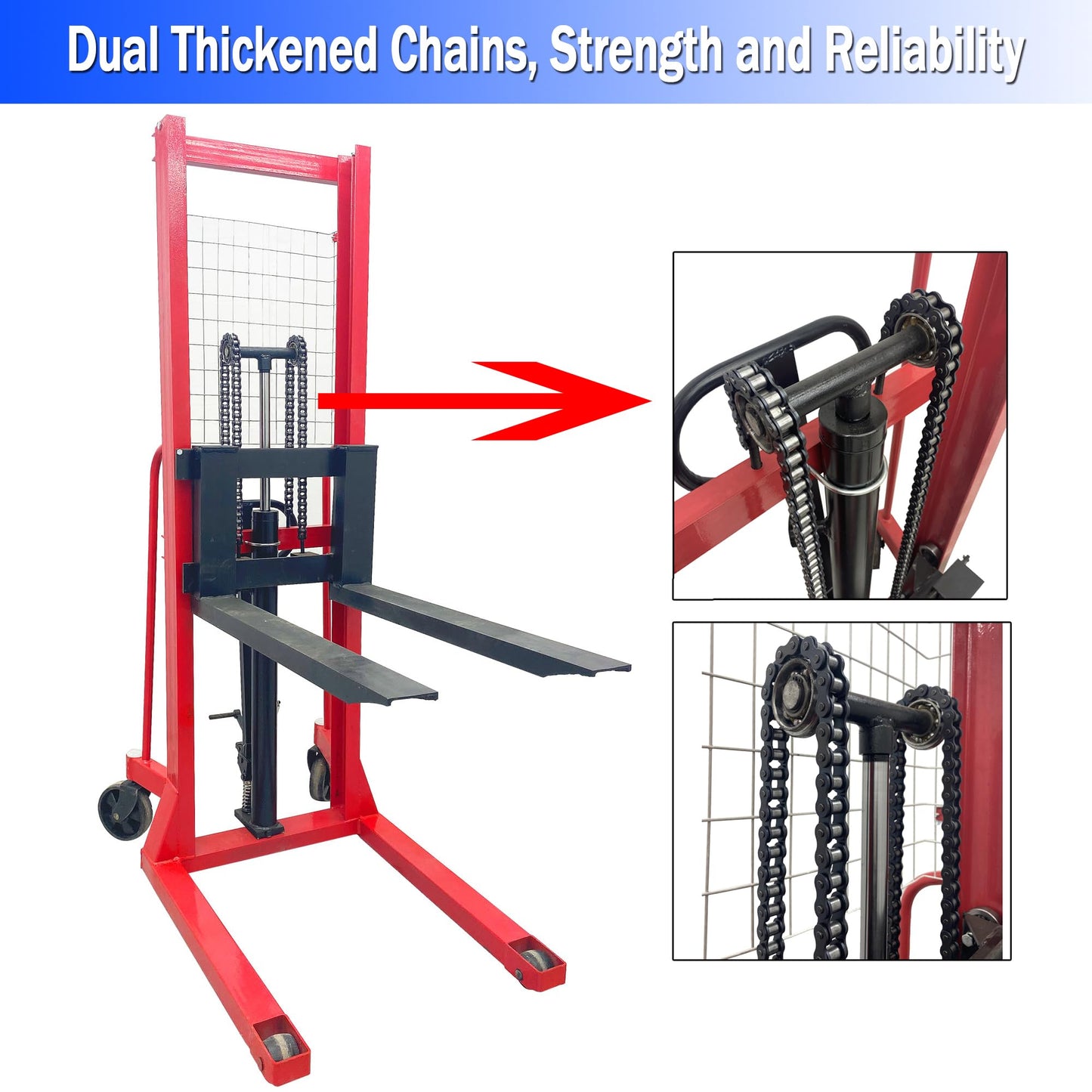 EQCOTWEA Manual Hydraulic Pallet Stacker 2200 LBS Load Pallet Truck Stacker 64" Lift Height Adjustable Forks Manual Stacking Winch Truck Used for Single Sided Pallets, for Warehouse Material Lifting
