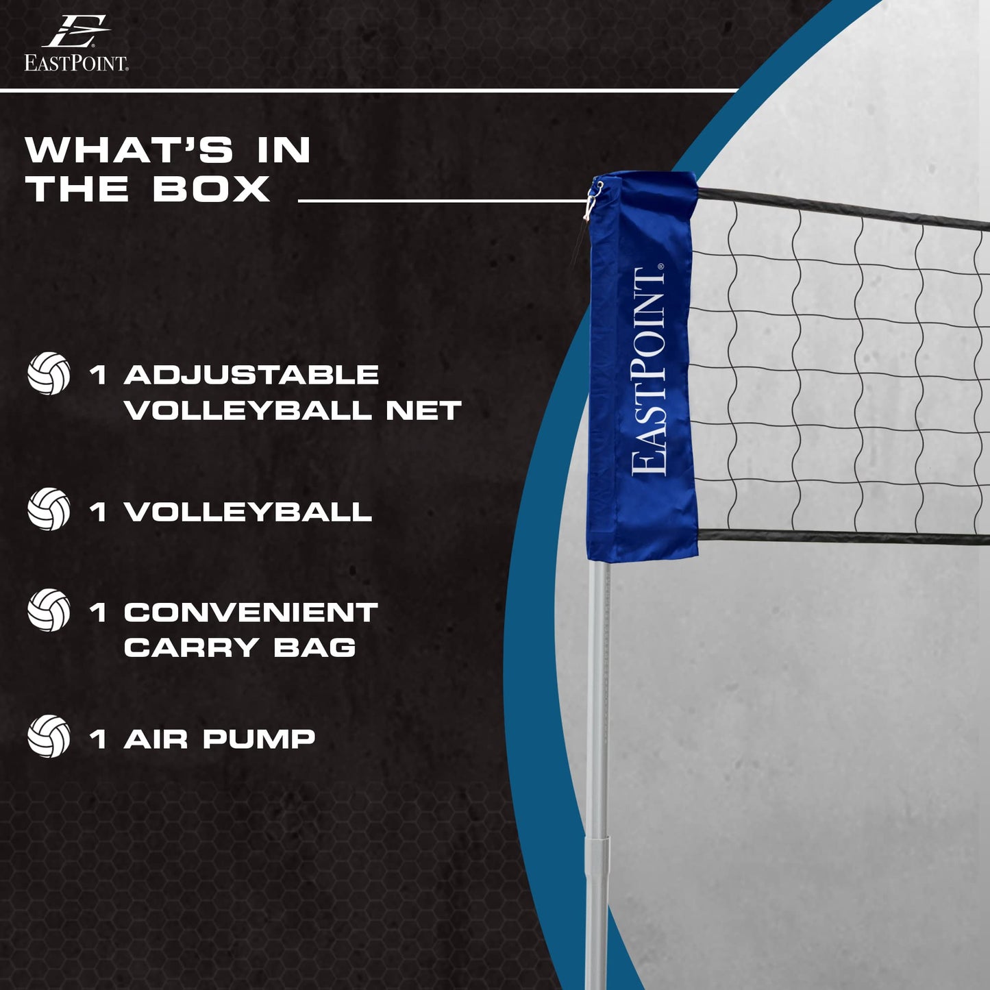 EastPoint Adjustable Volleyball Net - 10-30 ft - Easy One-Person Setup Portable Court Kit - Competition-Grade Volleyball Training Equipment - Outdoor Play Net for Backyard & Beach Play