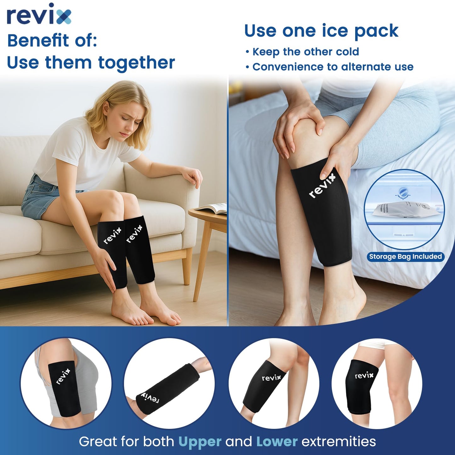 REVIX Calf Compression Sleeve for Shin Splint Relief, Ice Pack for Knee, Arm & Elbow Discomfort, Soft Ice Packs Reusable for Post-Workout Recovery, Hot and Cold Pack with 360° Full Coverage, 2 Packs