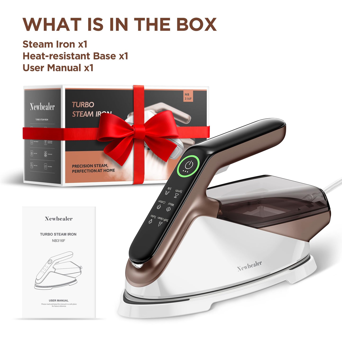 Newbealer Steam Generator Iron, 1500W Turbo Steamer for Clothes, 2 Bar Pressure Clothes Iron, 4 Steam & 4 Dry Heat Modes, Fast Heat-Up, 350ml Detachable Tank, Auto-Off, Self-Cleaning (Gold)