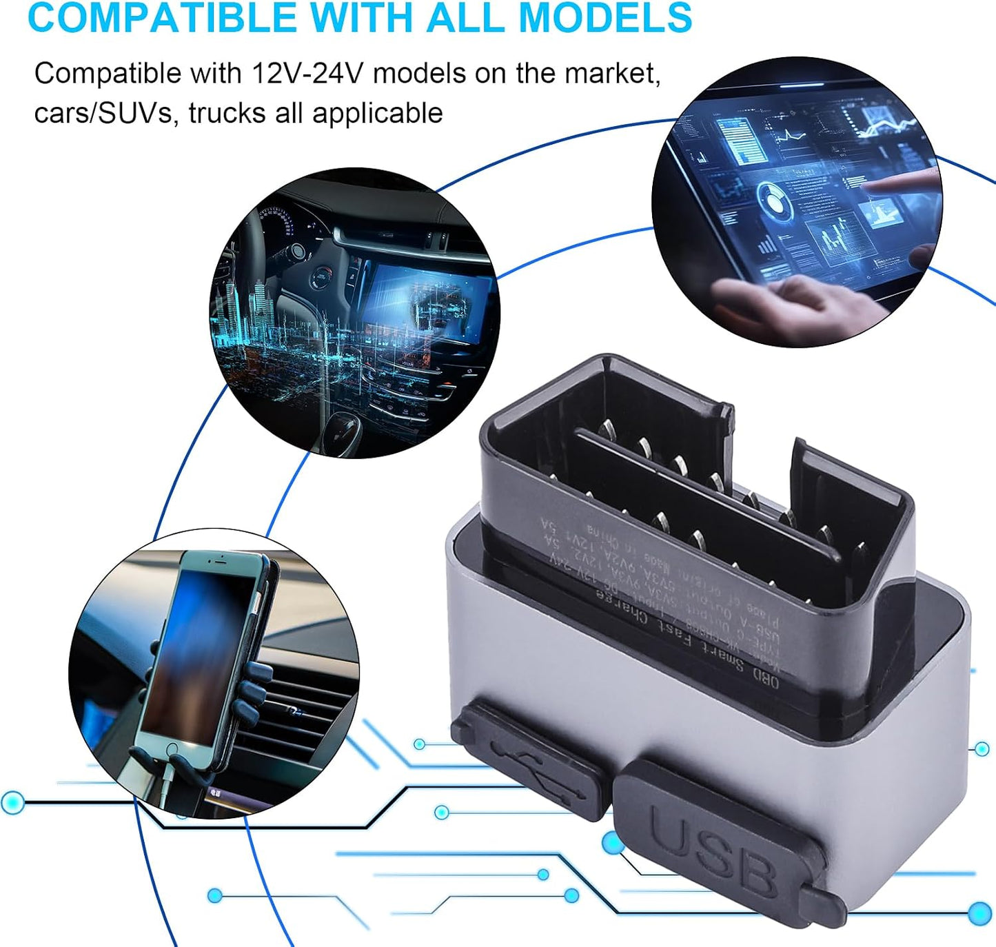 FRCVESNG DC1224V Car OBD Power Adapter, OBD Male to Type-C USB Female Charger OBD Car Charger for Mobile Phones, Dash