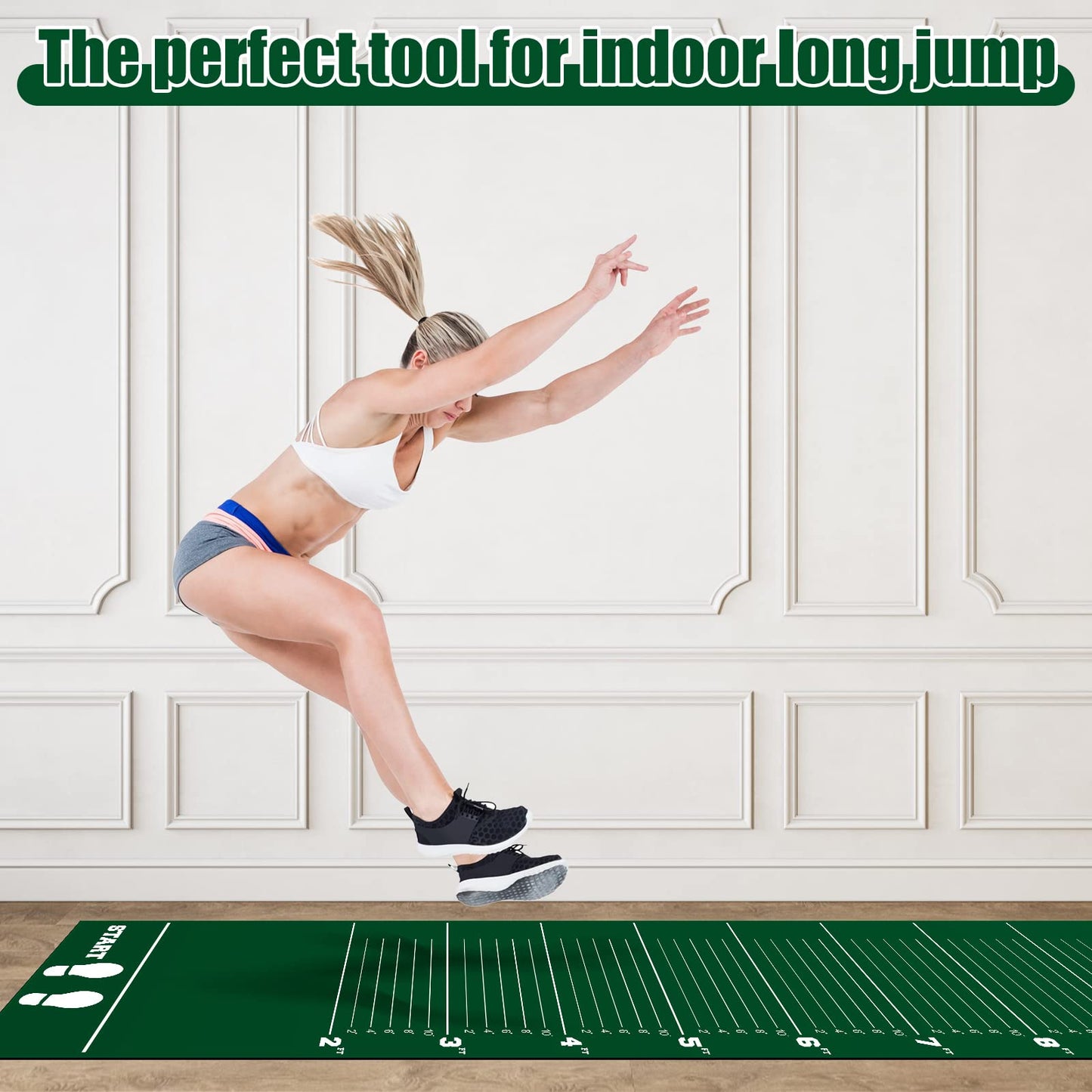 Woanger 12 x 2.5 Ft Long Jump Mat Sports Broad Jump Measurement Mat Hash Marks Carpeted Non Slip for Gym School Home Flooring Exercise Workout Training (Green)