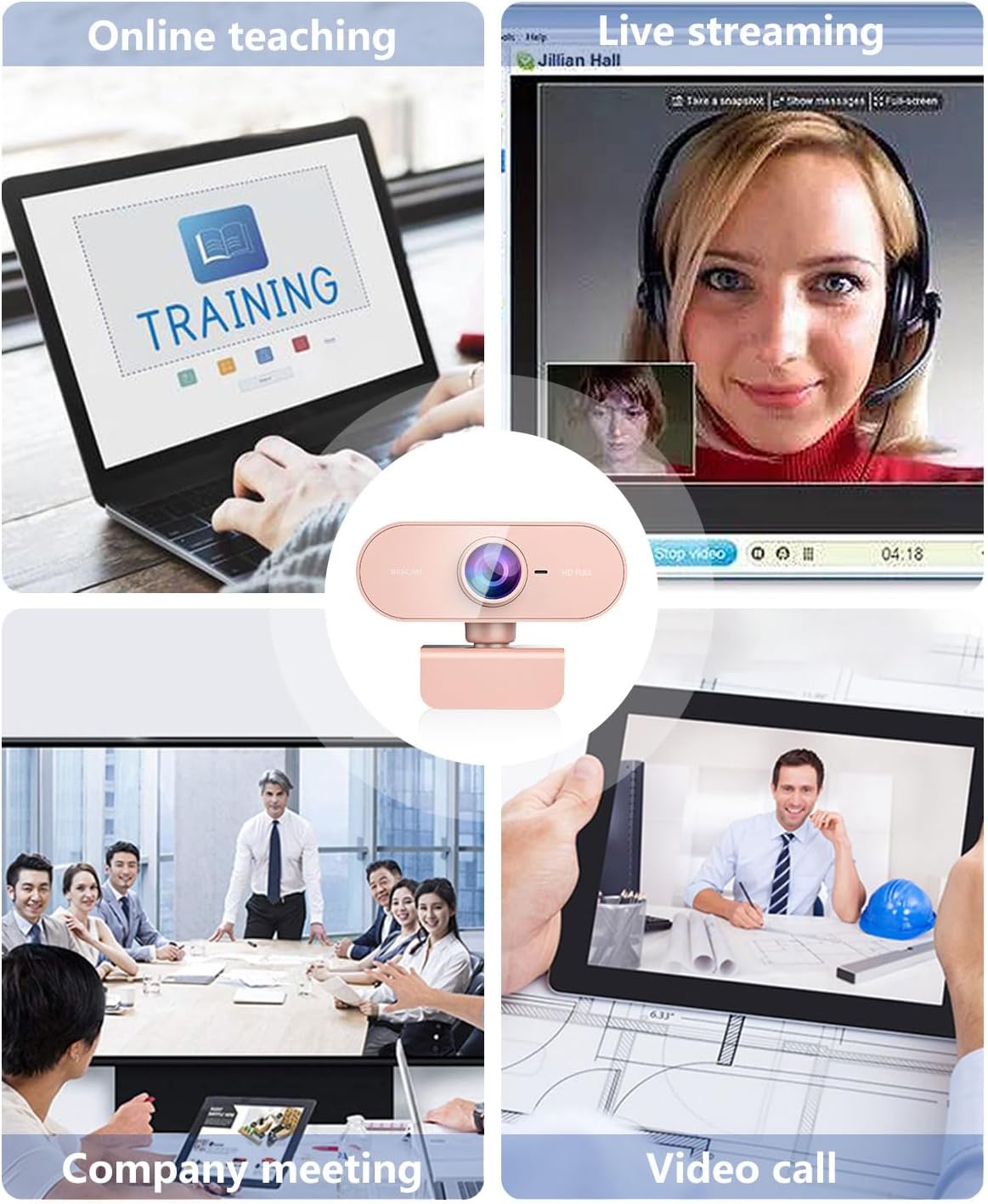 QMKKX 1080P Webcam for pc with Microphone,Full Hd Pink Streaming Web Cam with Mic for Mac Laptop, Small Computer Camera
