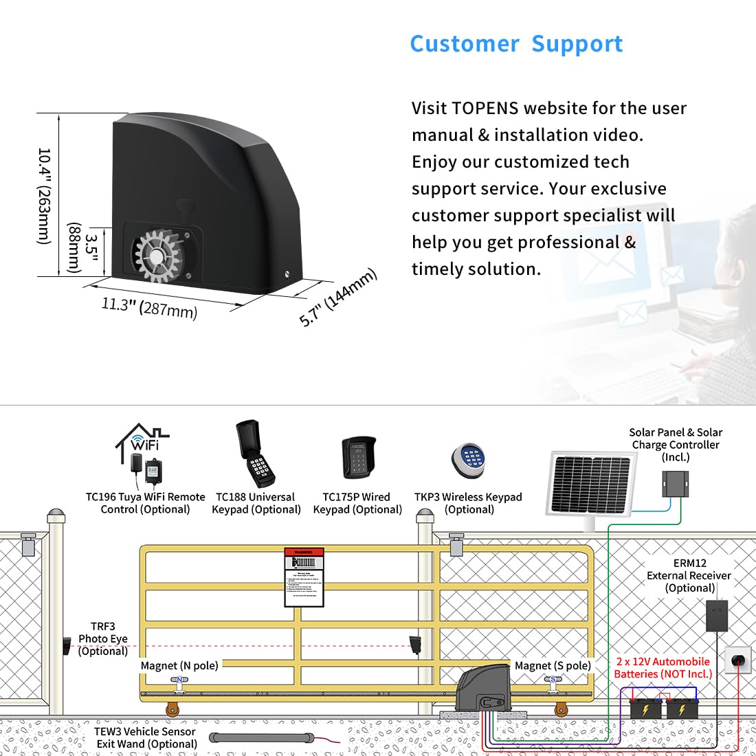 TOPENS DKR500ST Solar Sliding Gate Opener Rack Drive Automatic Gate Motor for Heavy Driveway Slide Gates Up to 1300 Pounds, Electric Gate Operator Battery Powered with Solar Panel Remote Control Kit