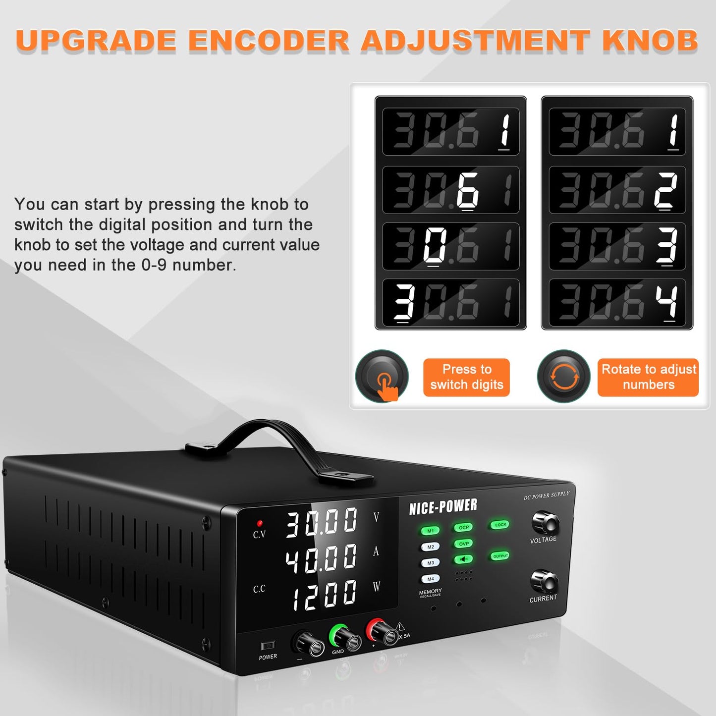 NICE-POWER DC Power Supply Variable, 30V 40A 1200W High Power Switching DC Regulated Bench Power Supply with Output Switch, OCP & OVP, Memory Function, Encoder Knob, 4-Digit LED Display, Lock Button