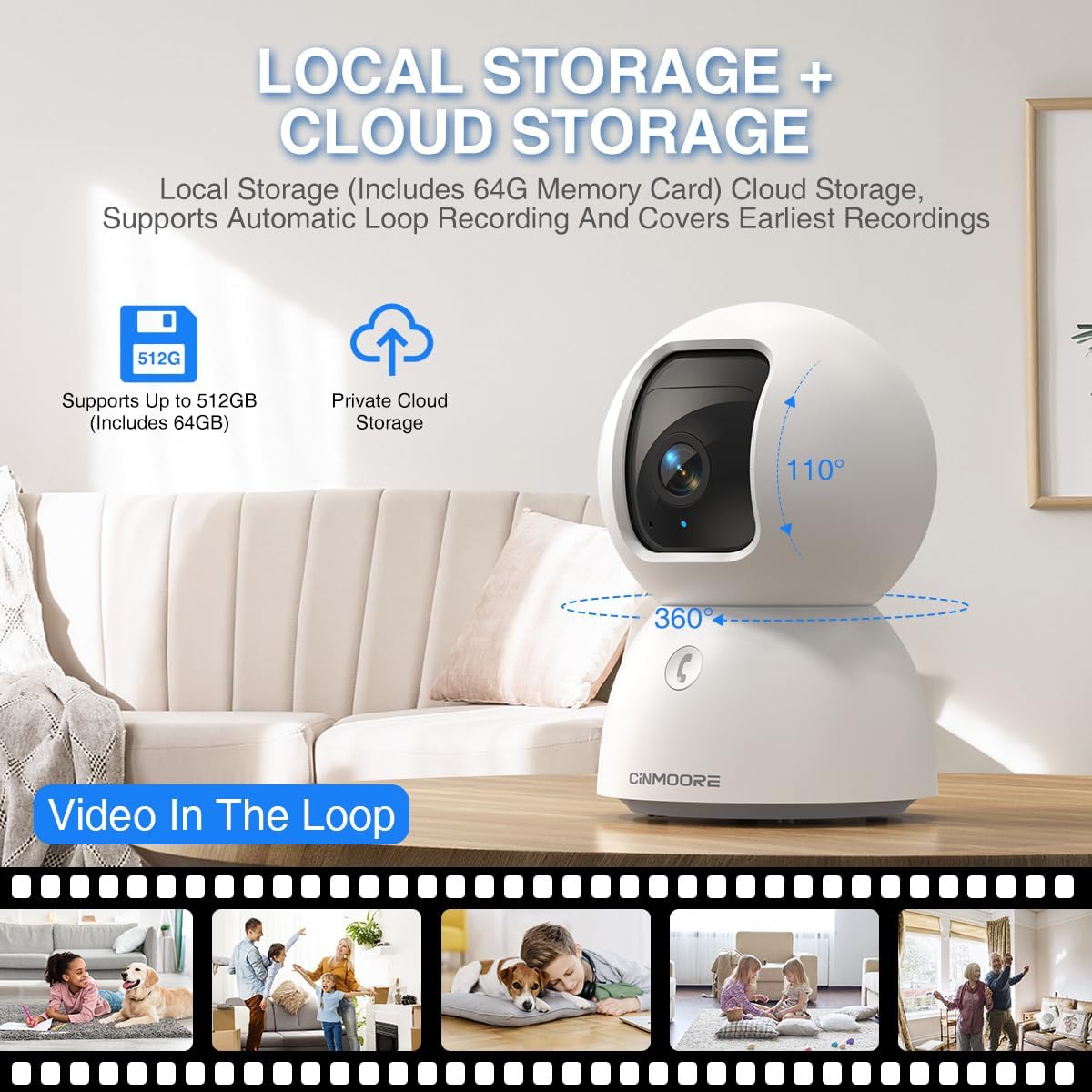 CINMOORE 3K 64GB 5GHz 2.4GHz 6, 360 2-Way Indoor Camera with Card, Human/Pet/Facial AI Detection, Dog/Cat/Pet Camera