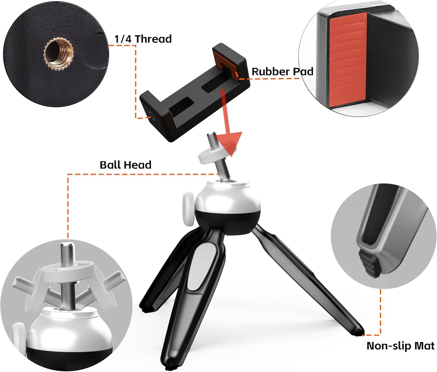 BESUS 360 Two Tripod Phone Mount, Universal Smartphone Mount Adapter, Rotates and Tilts Adjustable Cell Phone Clamp
