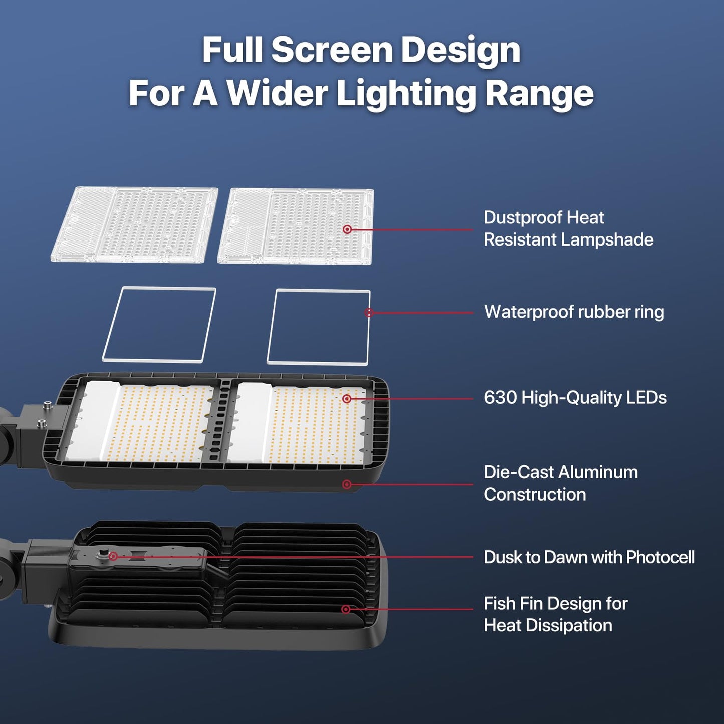 400W LED Parking Lot Light, LED Street Light with Dusk to Dawn Photocell, 630 LEDs, 5000K Daylight, IP65 Waterproof, Adjustable Arm Mount, AC 120V, Commercial Pole Lighting Outdoor for Park, 1Pack