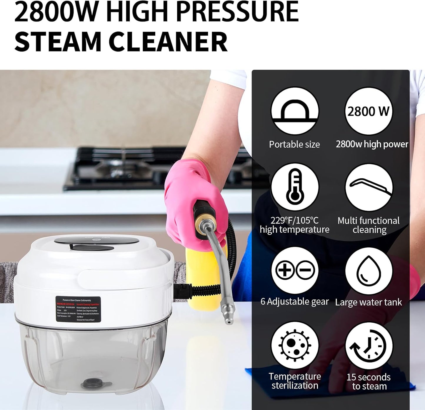 Skiennix Steam Cleaner - 6-Level Handheld Steamer with 10s Heat-Up & 1.5L Tank for Home & Car Detailing