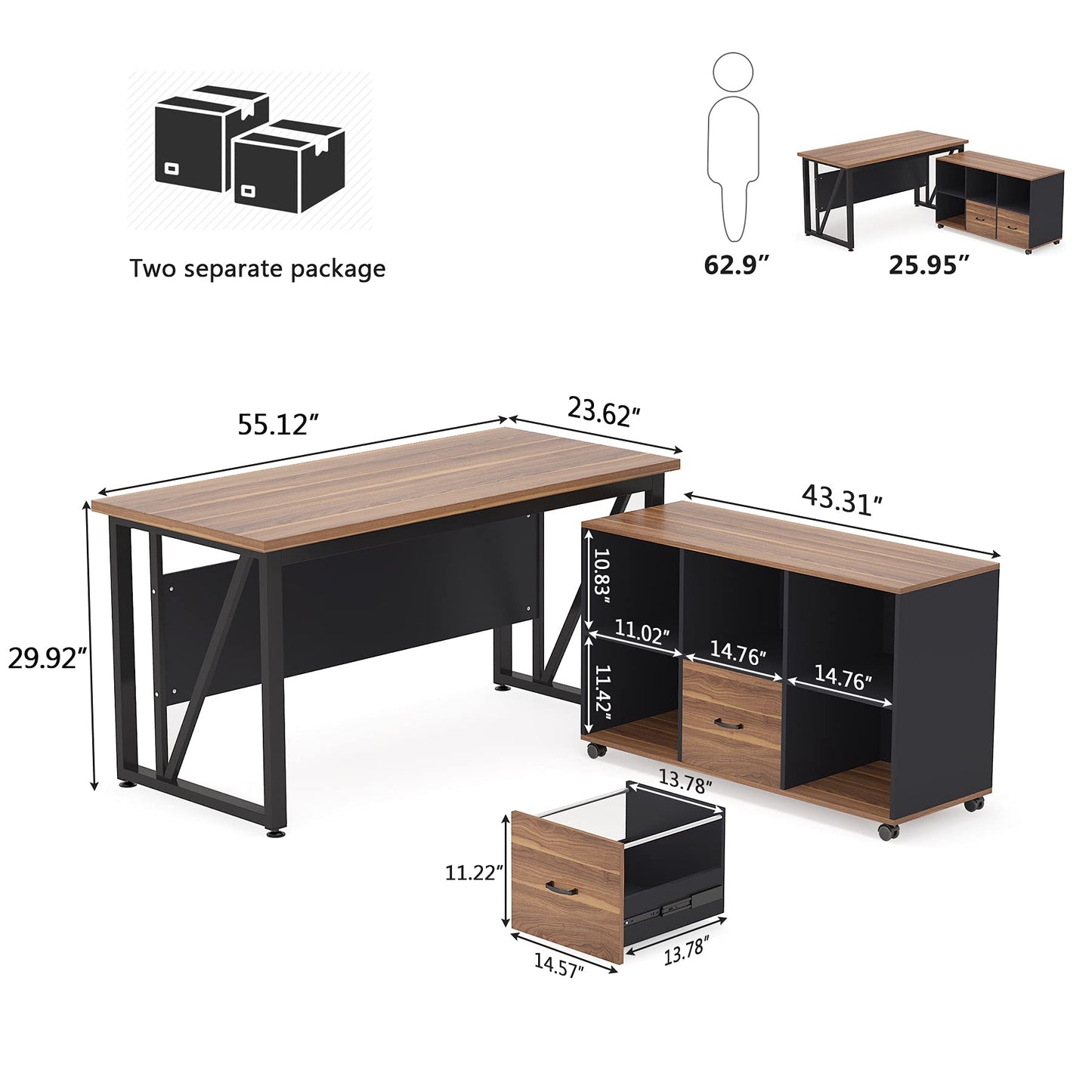Tribesigns 55 inches Executive Desk and 43" lateral File Cabinet, L-Shaped Computer Desk Home Office Furniture with Drawers and Storage Shelves, Office Table with Cabinet