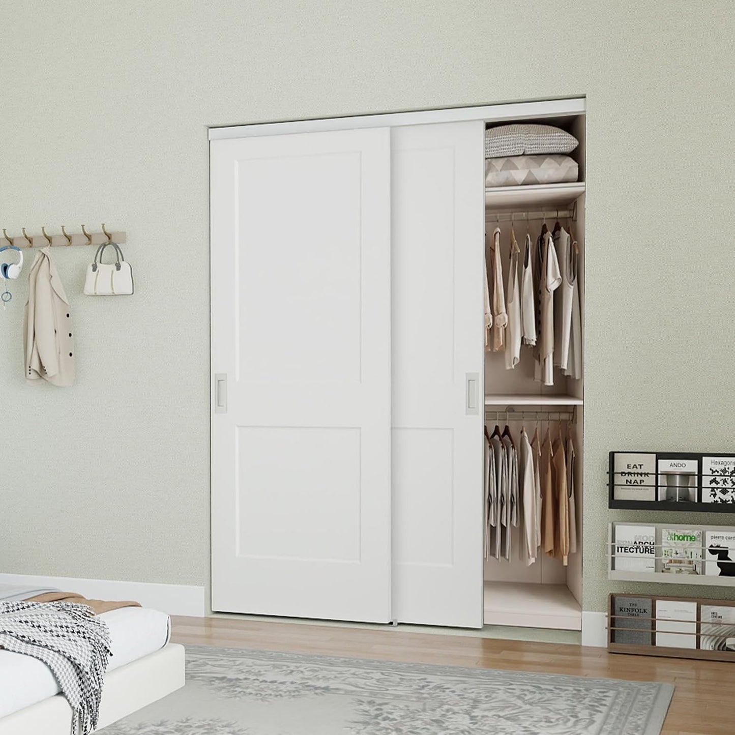 JUBEST 60in. x 80in. Bypass Closet Door, Flat 2 Panel Shaker Style White Primed Bypass Sliding Closet Door, Interior Doors with Hardware Kits Include, Pre-drilled, Paintable