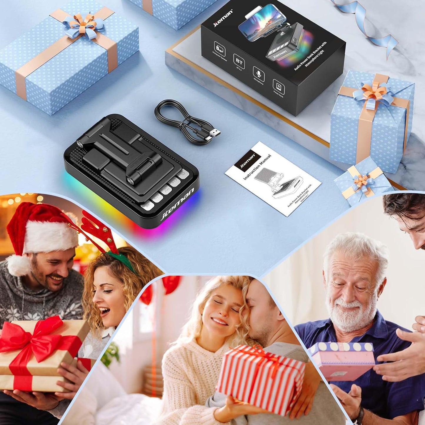 JTEMAN 360 Gifts for Men Women Phone Stand Bluetooth Speaker with Light and Charging Function, Rotating Phone Holder