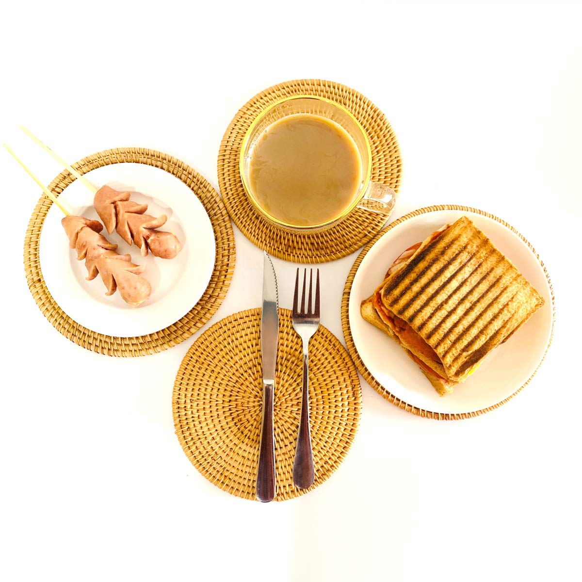 100% Natural Handwoven Rattan Trivets Set of 4-7.08 Inch Heat Resistant Woven Coasters, Mini Rattan Placemats for Hot Dishes, Boho Trivets Dupes Decorative Table Protectors for Home Wedding Gift