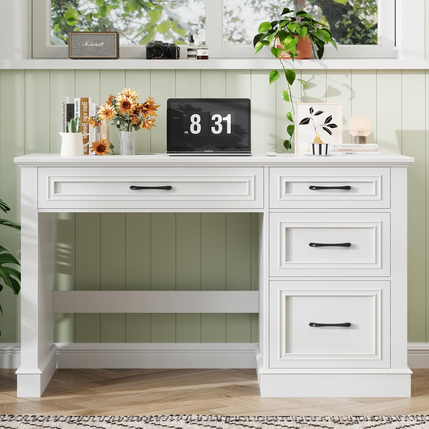 Halitaa Farmhouse 47" Executive Desk with File Drawer, Computer Desk with 4 Drawers, Workstation for Writing, Study, Home Office, Cream White.