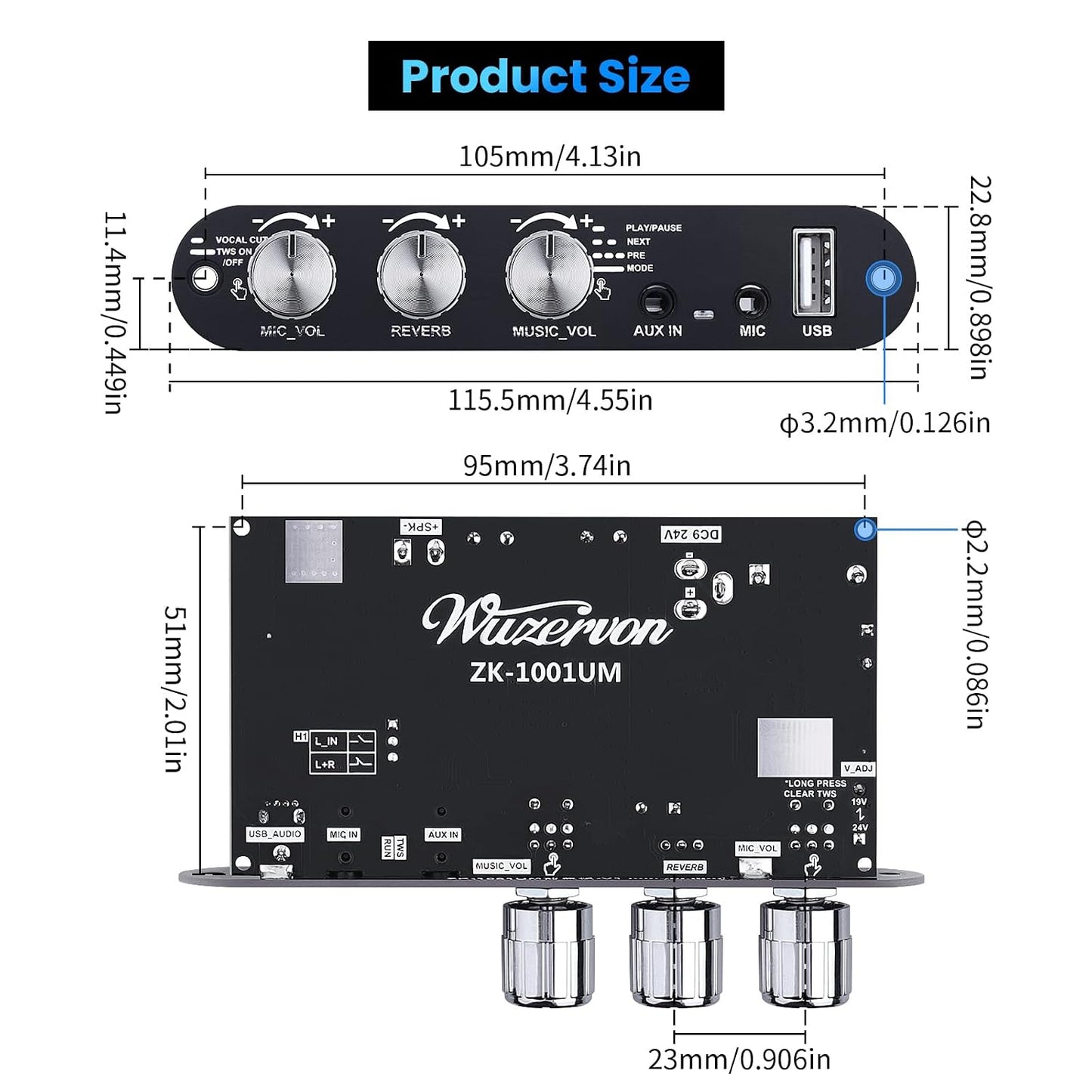 Beffkkip ZK-10001UM 5.3 100W (9-24V Bluetooth Amplifier Board, Mono Class D Power Amp with TWS Pairing, USB/AUX Input