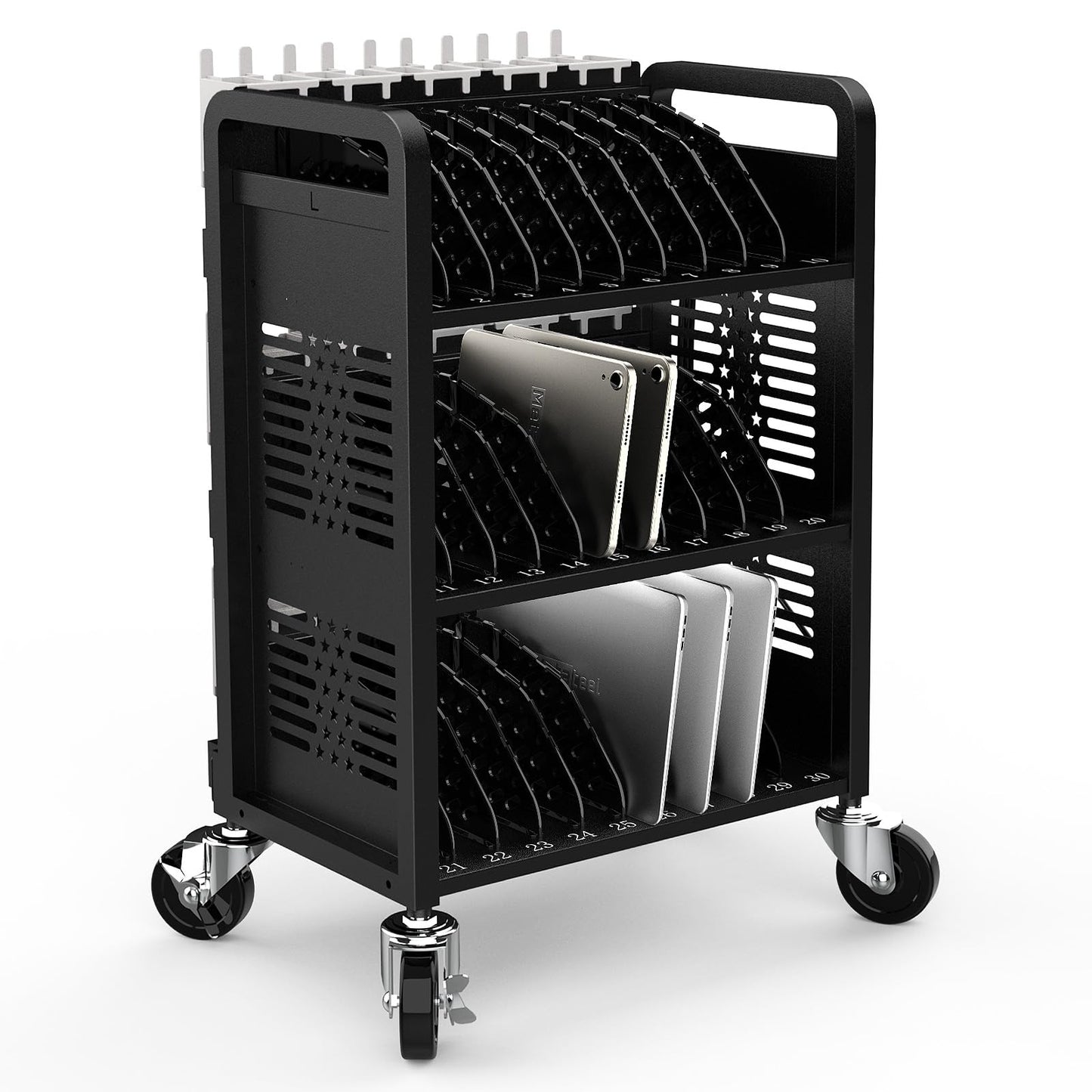 Metateel 30-Unit Mobile Charging Cart-Open Charging Station Rack for 14-inch Chromebooks and Tablets-Tablet Organizer Station with Cable Management and Charger Organization(Black)