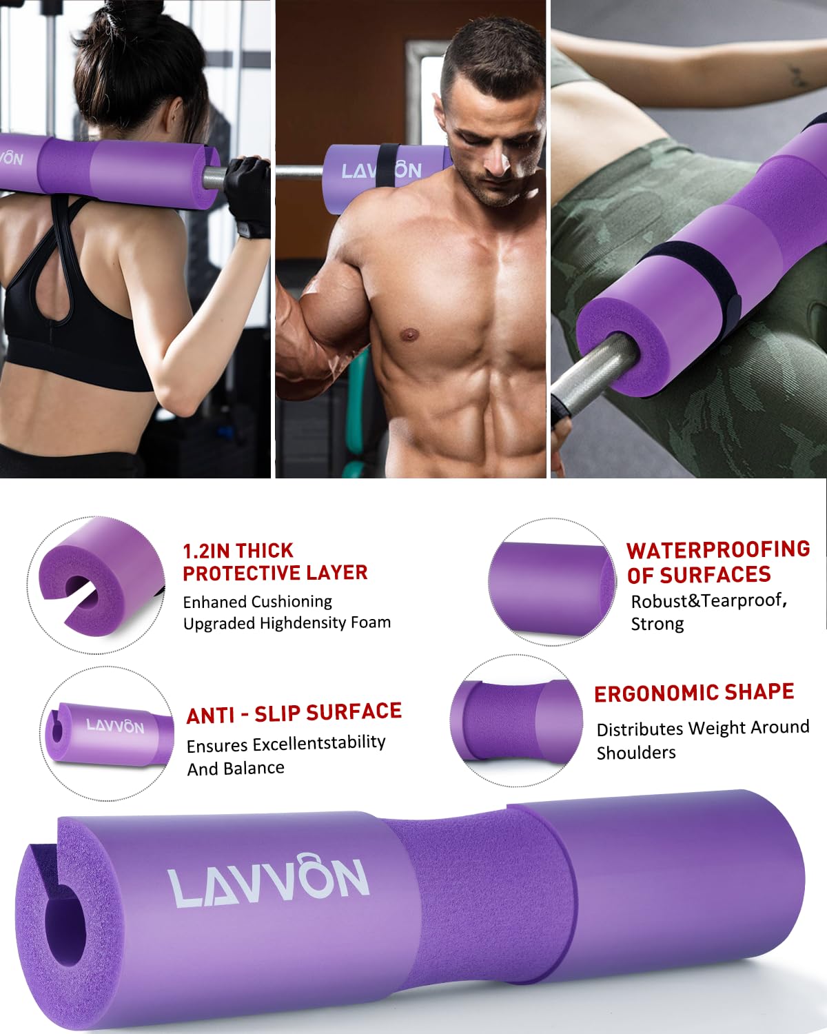 7Pcs-Barbell Pad Set for Hip Thrust - Squat Pad, Bench Press Workout Foam Weight Lifting Bar Cushion,Gym Accessories for Women with Bar Bad,with Gym Ankle Straps,Hip Resistance Bands,Lifting Strap (Purple)