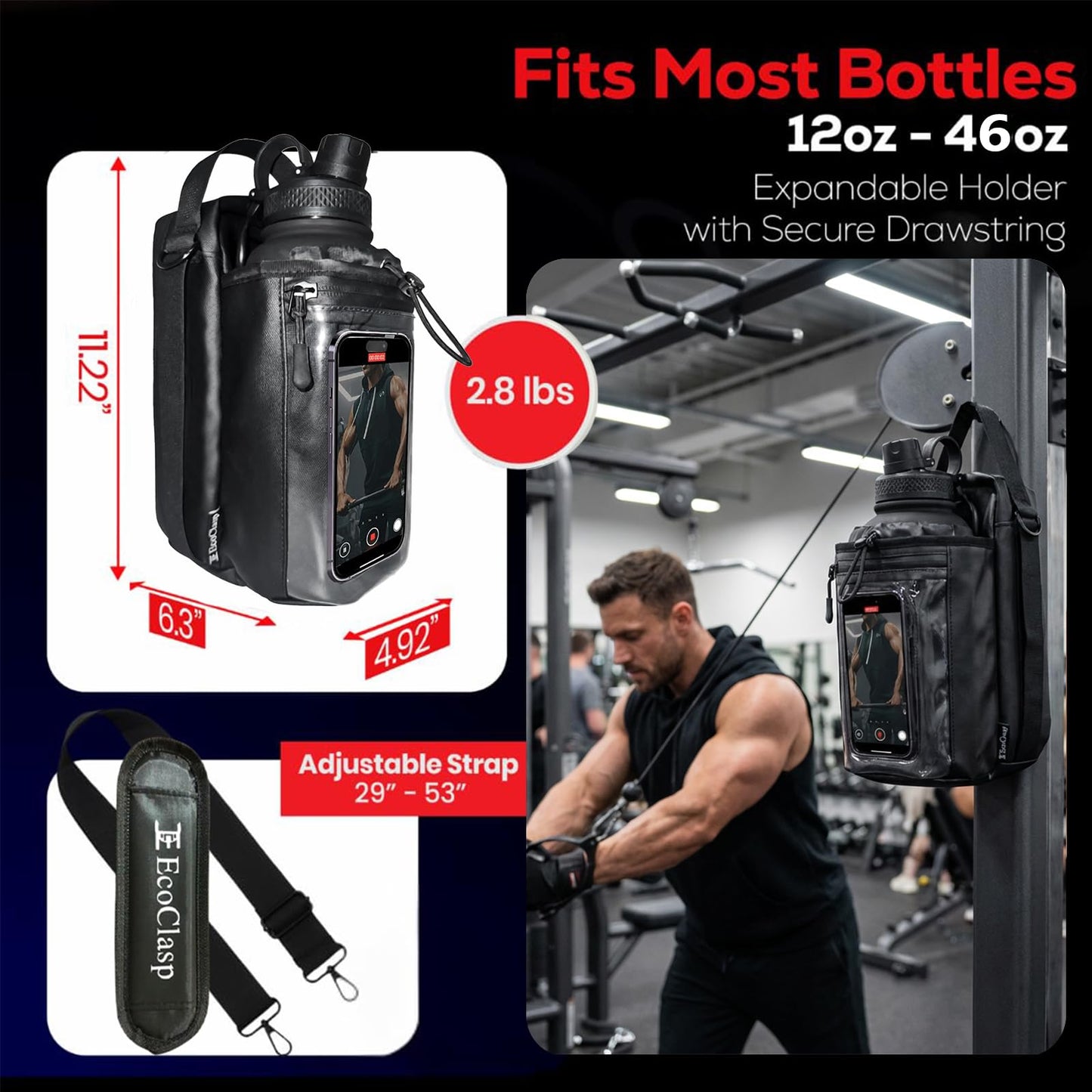 EC Ecoclasp Magnetic Gym Bag Water Bottle Holder Small Bag for Men, Gym Gifts, 11LB Strong Grip Waterproof 900D with Towel Accessories