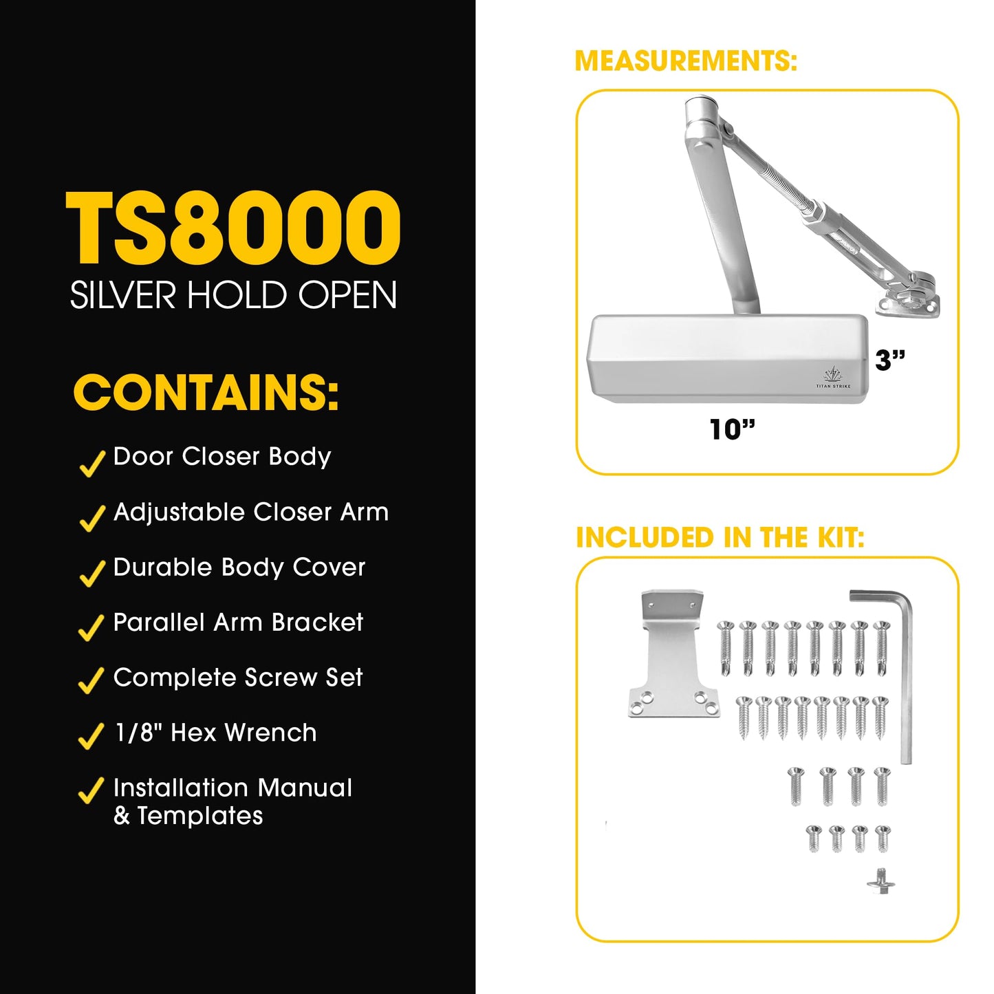 TITAN STRIKE Heavy Duty Automatic Door Closer with Hold Open, Commercial Indoor/Outdoor Adjustable Door Closure, ANSI Grade 1, UL Certified, ADA Compliant, (44-330lb, 30-60in) – Silver
