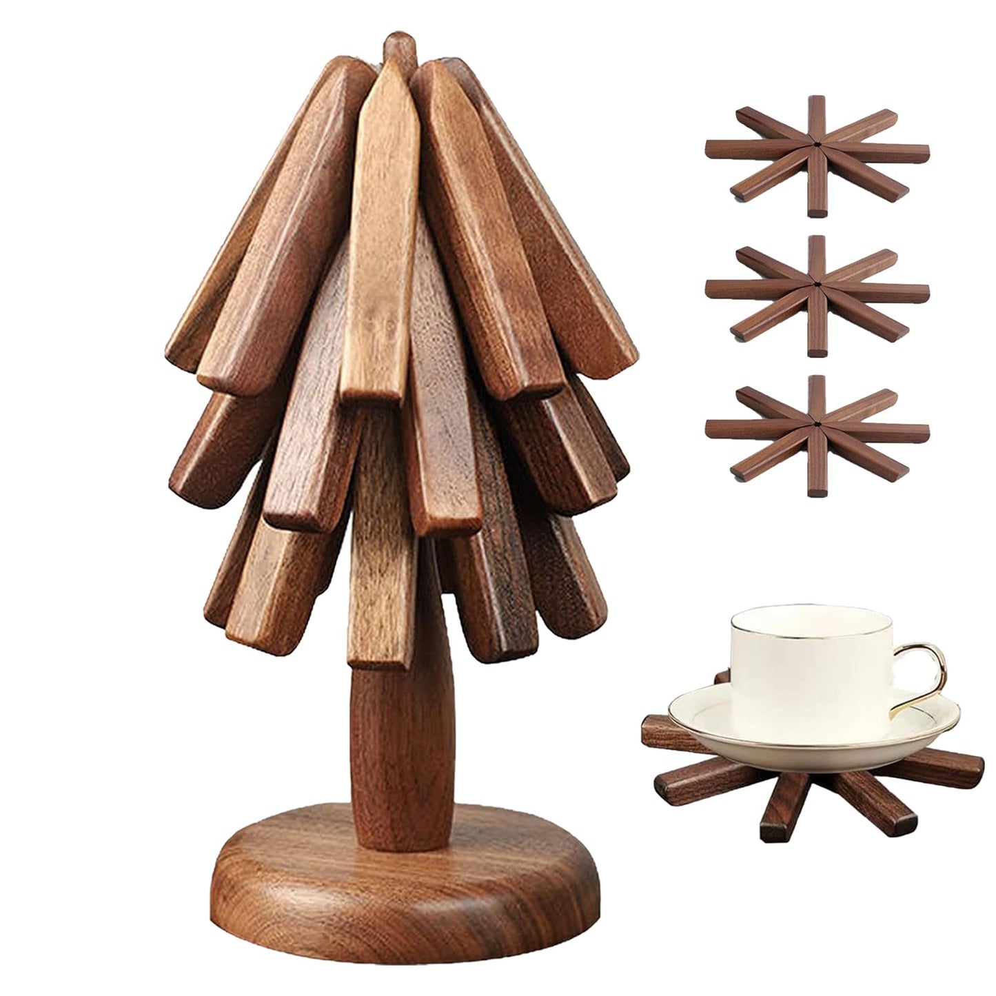 Natural Walnut Wood Trivets - Foldable Tree Hot Plate Mat Set of 3 for Kitchen, Multifunction for Hot Pots and Pans