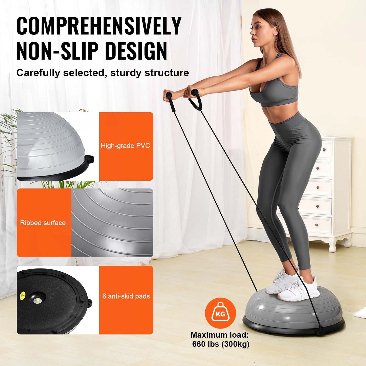 VEVOR 23-inch Half Exercise Ball Trainer, 660 lbs Capacity Balance Ball, Includes Resistance Bands and Pump, Ideal for Full Body Workouts, Yoga, and Strength Training at Home Gym, Gray