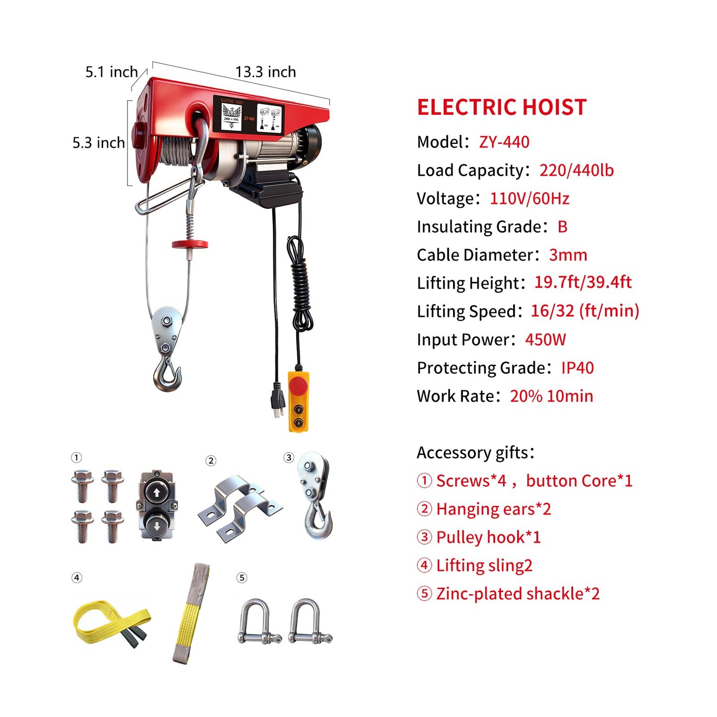 ZHAN · YING Electric Hoist, 440 lbs Material Handling Tool, 110V Electric Winch with 14ft Wired Remote Control，Lift Hoist for Factories, Warehouses, Construction Site, Attic