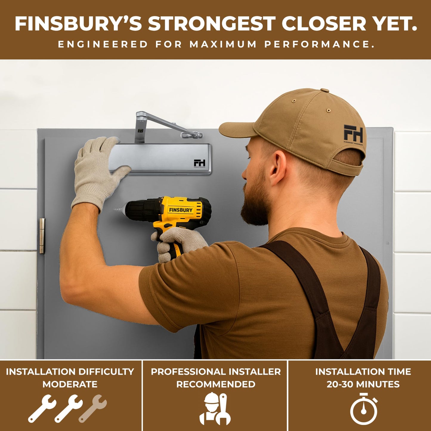 Finsbury FH‑9500 Commercial Door Closer, Heavy Duty Grade 1 Aluminum, Hydraulic Auto Close, Adjustable Spring 1–6, UL 3‑Hour Fire Rated, ADA Compliant, Surface Mount for High Traffic Doors (Aluminum)