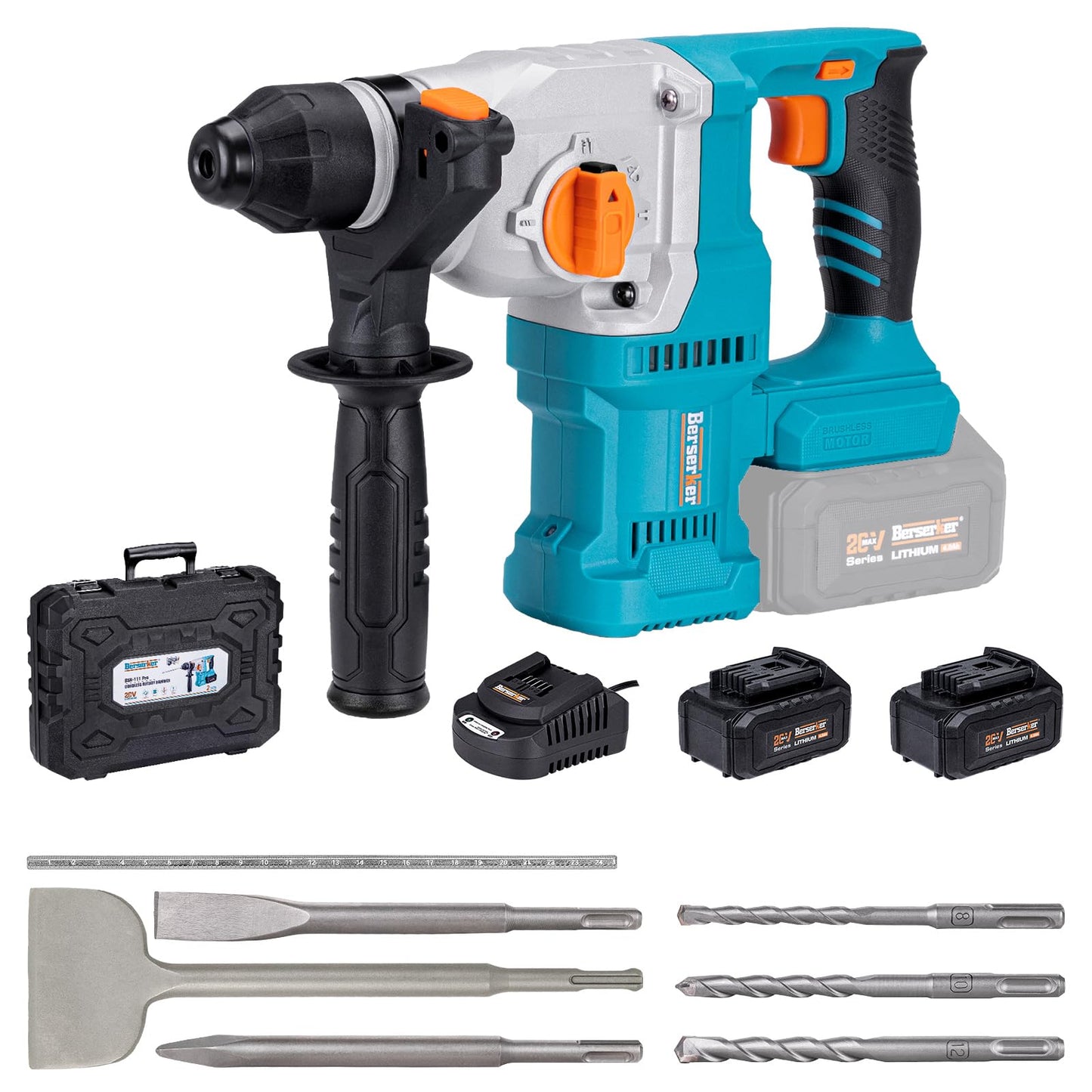 Berserker 1-1/8" Cordless Rotary Hammer Drill 2X4.0Ah Battery with 3 in. SDS Plus Scaling Chisel