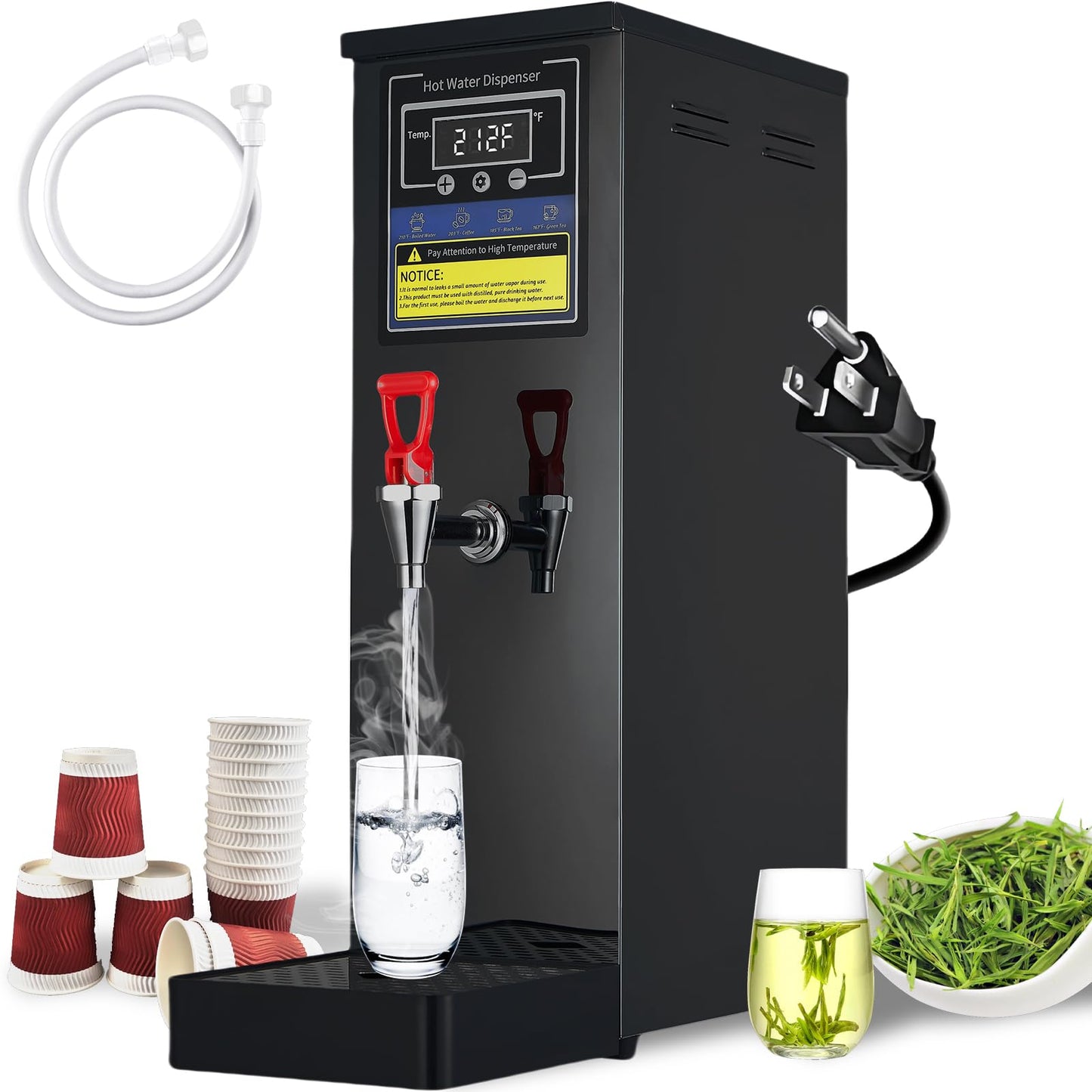 Commercial Hot Water Dispenser Commercial Water Boiler Electric Countertop Hot Water Machine Black 25L(6.6GAL)/Hour Step-heating 86-212°F Adjustable for Boba Tea Coffee Office Restaurant 1600W