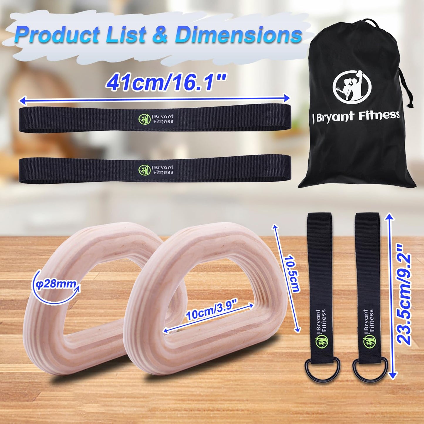J Bryant Fitness Wooden Gymnastic Rings - Pull Up Grips & LAT Pull Down Gym Handles Design, Sturdy Webbing Straps with D-Rings, Pilates, Strength Training, and Portable Fitness - Includes Carry Bag