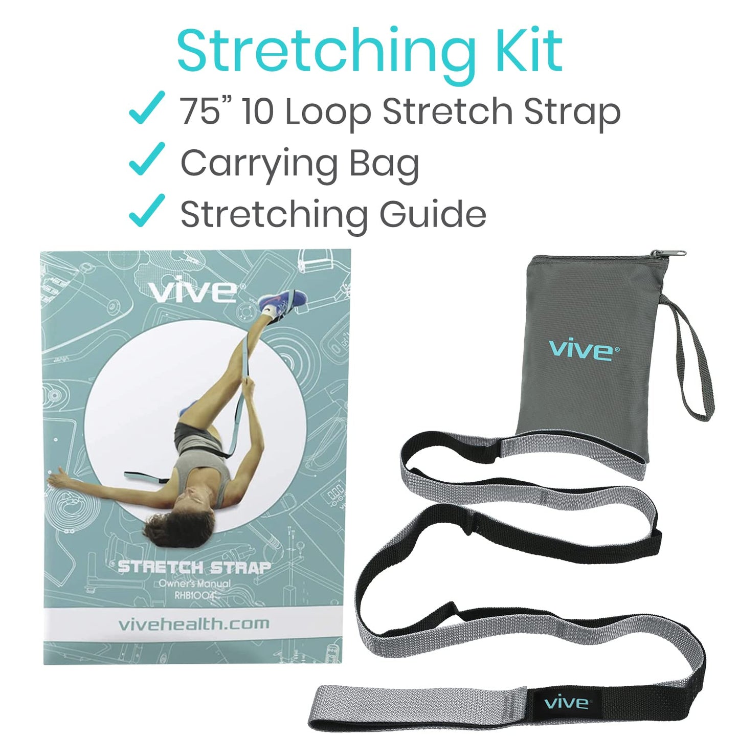 Vive Stretch Strap (75" - 10 Loops) - Leg Stretch Band to Improve Flexibility - Stretching Out Yoga Strap - Exercise and Physical Therapy Belt for Rehab, Pilates and Gymnastics with Guide Book