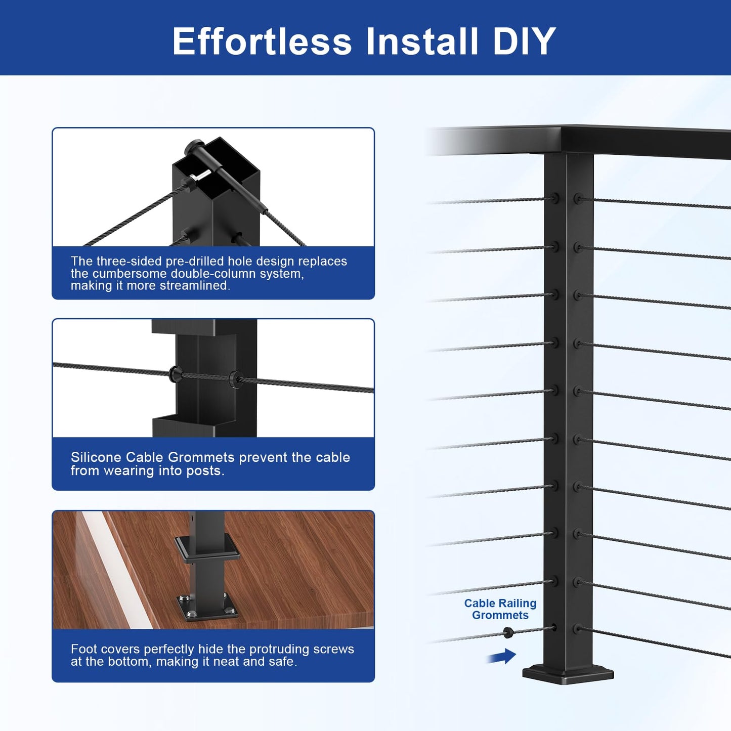 BLIKA 36" Cable Railing Corner Post(Post 35"x2"x2"), 3-Side Drilled Flat Top Surface Mount Corner Post, Stainless Steel Black Handrail Corner Post for Cable Railing Kits, BL05-CP