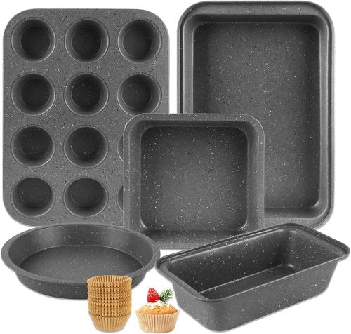 Grey Marble Nonstick Baking Pans Set by [Brand Name] - 5 Piece Stackable Bakeware with 100 Cupcake Liners for Home Baking