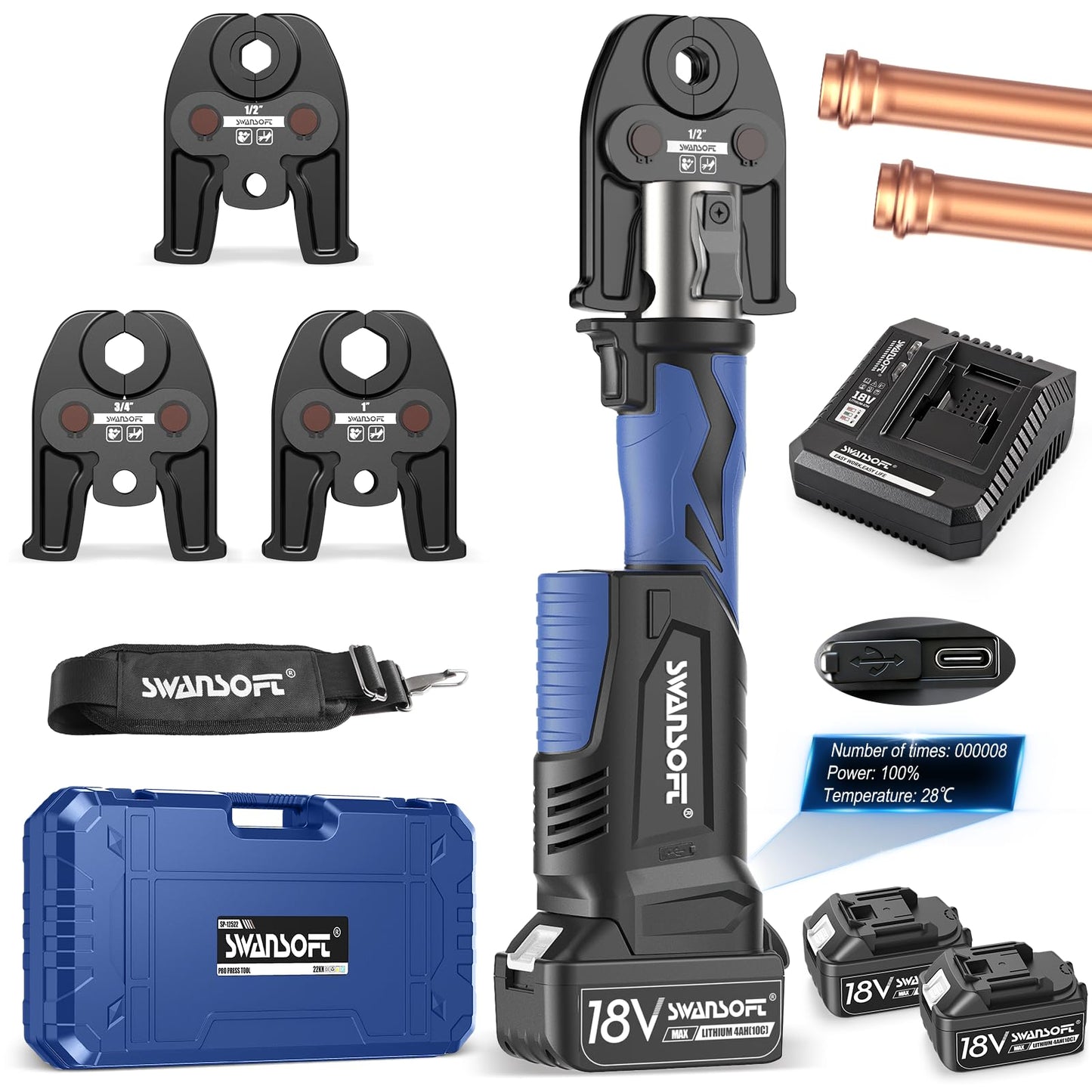 SWANSOFT Pro Press Tool, 18V 4Ah Battery Electric Hydraulic Crimping Tool for Copper Pipes with 3 US Compact VUS 1/2", 3/4'', 1",Jaws Pro Press Copper Plumbing Crimper Tool Kit(SWPR-12522B)