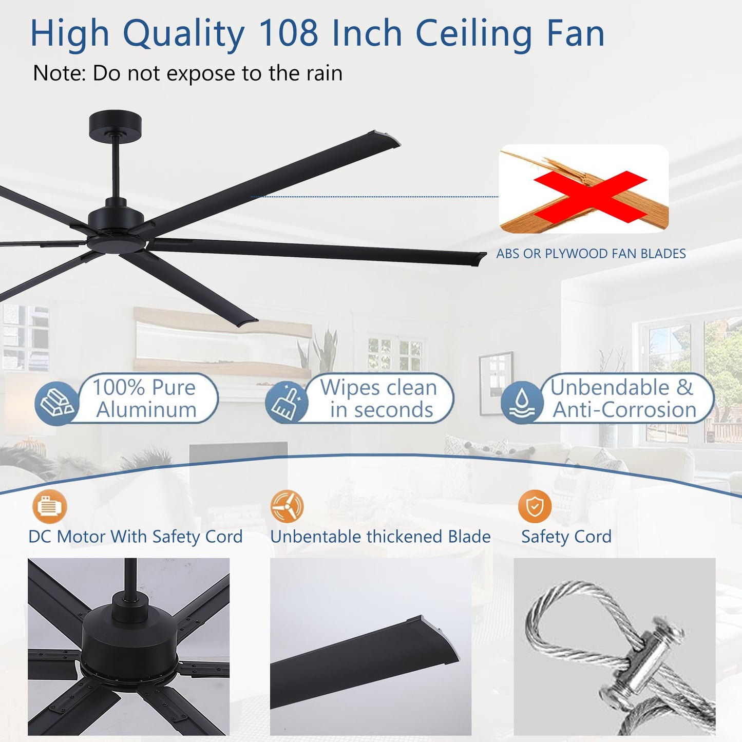 FUMLTP 108 inch Large Ceiling Fans No Lights with Remote Control,Black Modern Industrial Ceiling Fan for Garage Living Room Patio Farmhouse, 6 Speed Reversible Quiet DC Motor, Timer, 6 Blades.