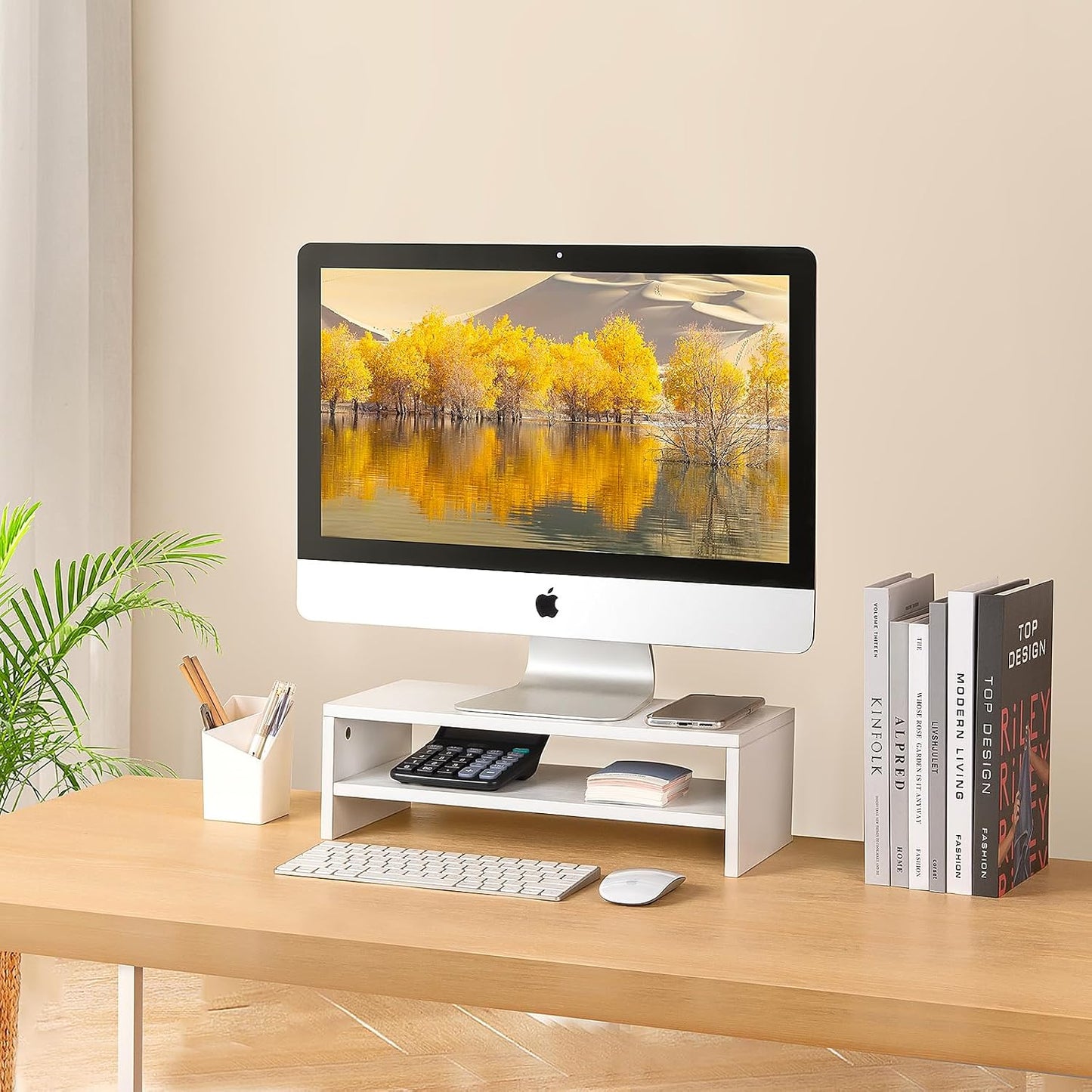 Desk,2 16.5 7.8 5.2 inch BEYGORM White Monitor Stand Riser for Tiers Wood Desk Shelf Computer Screen Stand with Storage