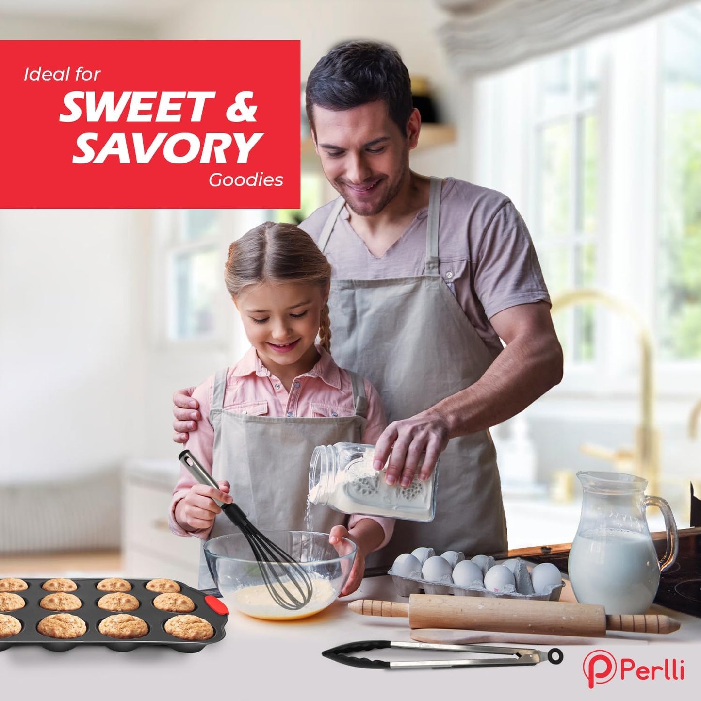 Perlli Non-Stick 17-Piece Baking Pan Set - BPA-Free Carbon Steel Bakeware with Silicone Handles | Oven Safe Up to 446°F