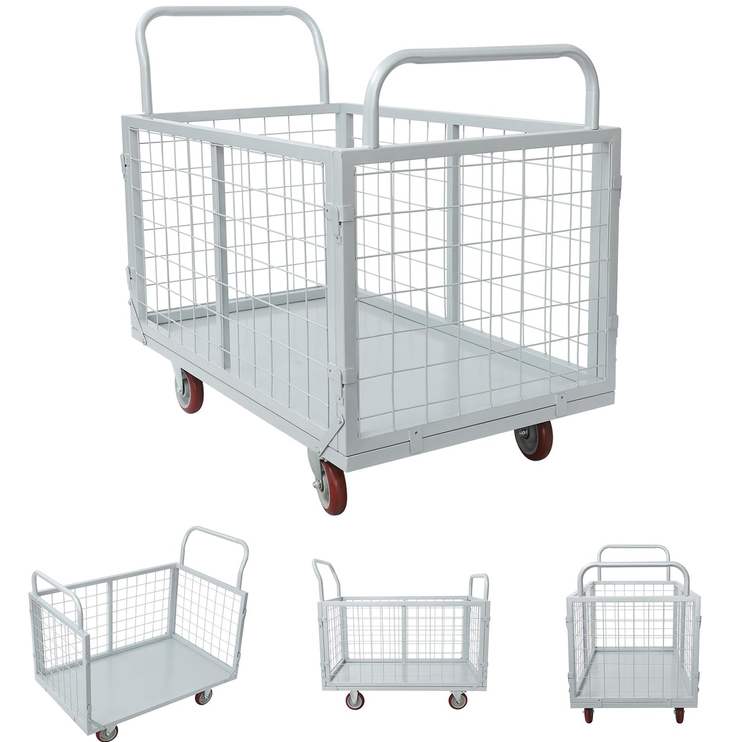 Platform Truck Cart with Cage, 38x24x21in Hand Truck Extra Large Version, Heavy Duty Push Cart Dolly, with Swivel Wheels, 1800lbs Capacity Utility Hand Cart, for Grocery/Storage (4-in-1, 1800lbs)