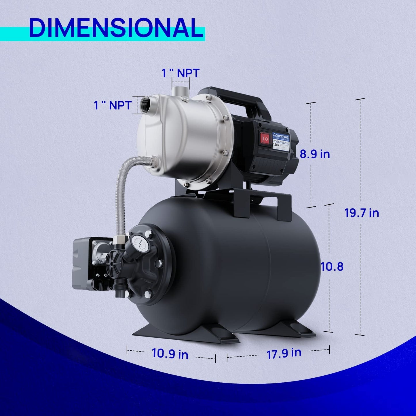 Aquastrong 115V Shallow Well Garden Pump, Stainless Steel, 1320 GPH, Automatic Water Booster Jet Pump for Home, Garden, Lawn,Irrigation,1.6 HP with Pressure Tank
