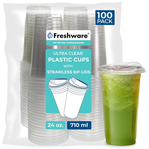 Freshware 24 oz Clear Disposable Plastic Cups - Heavy-Duty Tumblers with Strawless Sip Lids | 100 Pack for Parties
