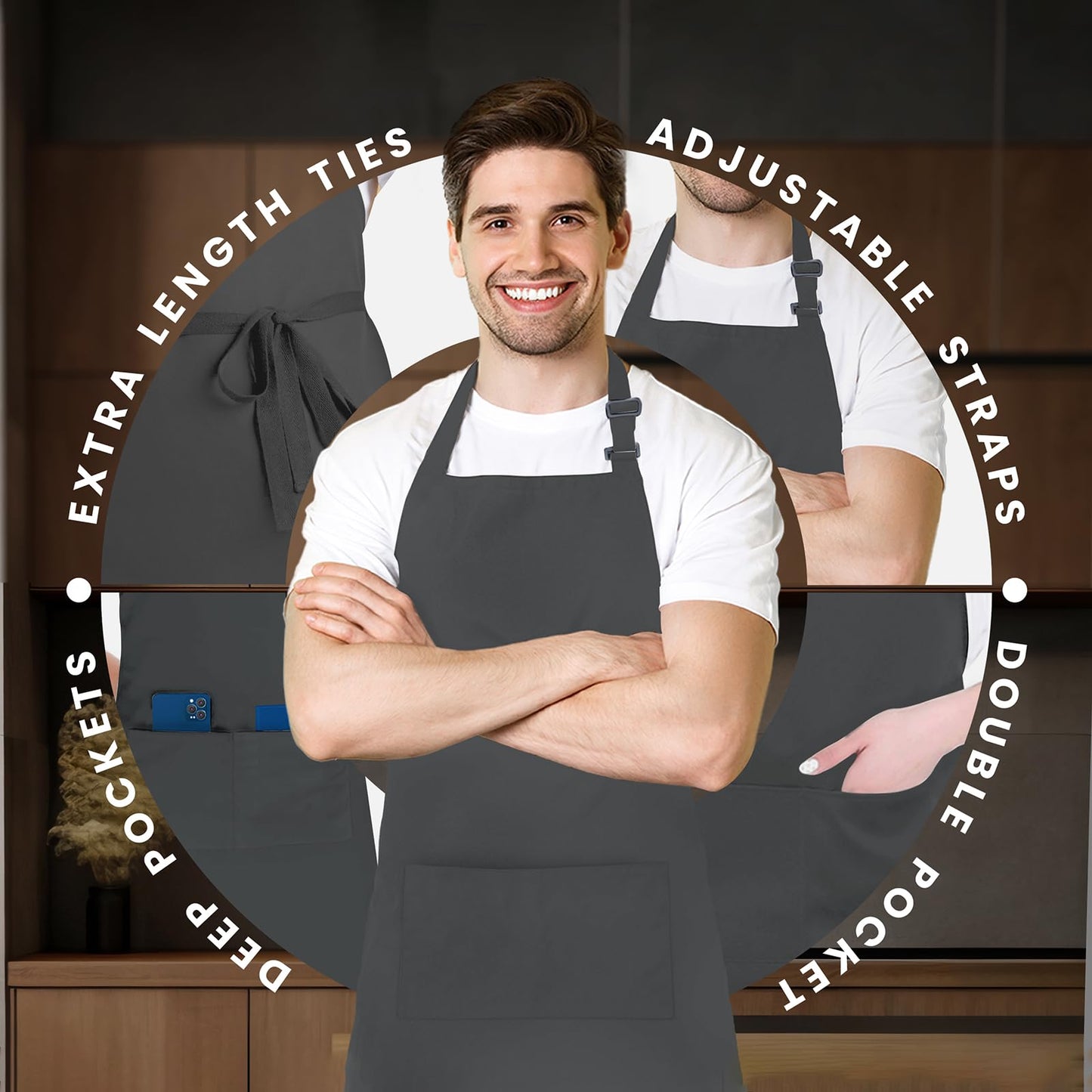Adjustable Bib Apron 100% Polyester Kitchen Aprons Waterdrop Resistant Aprons with Adjustable Strap, Pockets & Long Ties