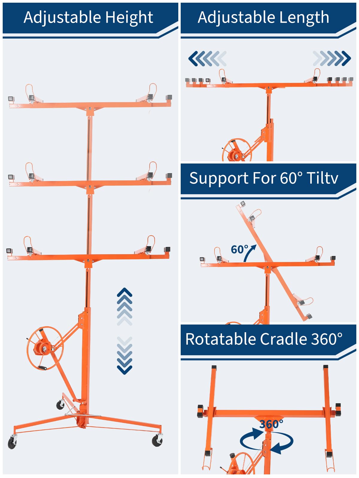 Garvee Drywall Lift 16Ft Sheetrock Lifter,Drywall Rolling Lifter Panel,150LBS Heavy Duty Sheetrock Hoist Panel Hoist Jack with 360° Adjustable Telescopic Arm & 3 Lockable Wheels